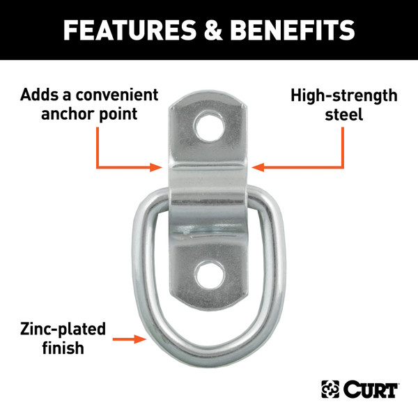 CURT 1" x 1-1/4" Surface-Mounted Tie-Down D-Ring (1,200 lbs, Clear Zinc) Tow Ring