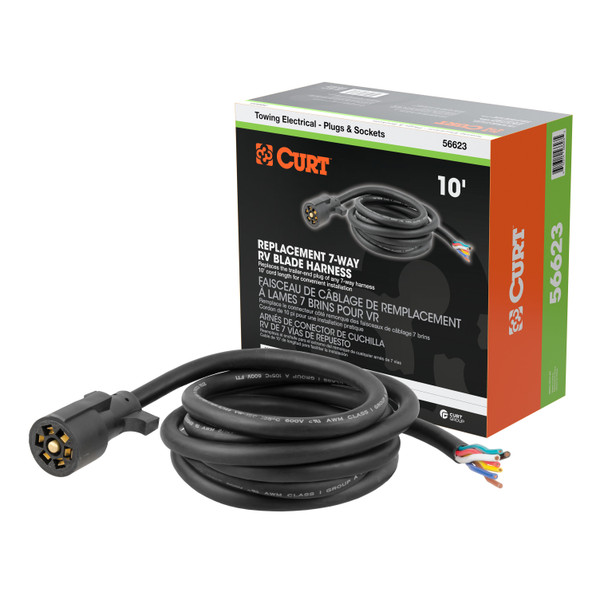 CURT Replacement 7-Way RV Blade with 10' Wires (Trailer Side, Packaged) Trailer Connector Kit - CURT