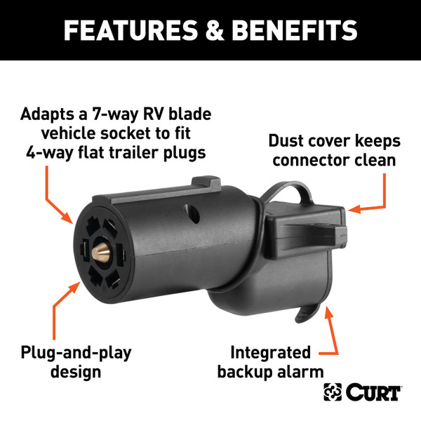 CURT Adapter with Backup Alarm (7-Way RV Blade Vehicle to 4-Way Flat Trailer) Trailer Wiring Adapter Connector