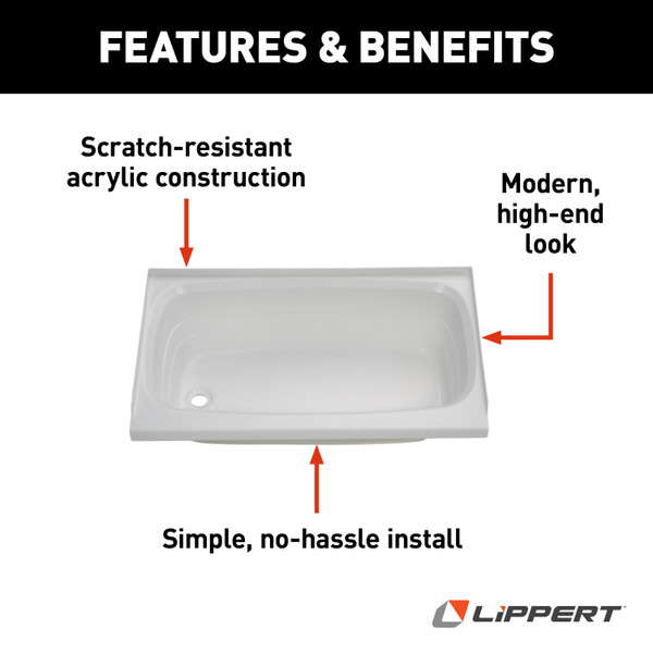 Lippert Bathtub with Left Drain - 24" x 36", White #W2436LHSPK