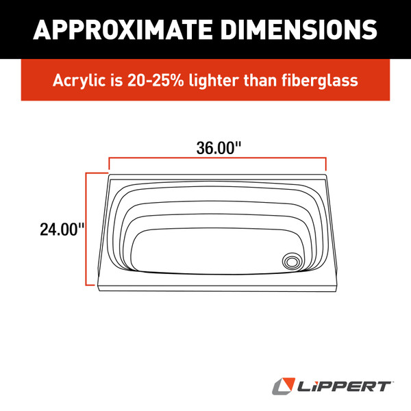 Lippert Bathtub with Right Drain - 24" x 36", White #W2436RHSPK