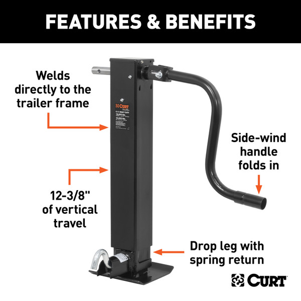 8x CURT Direct-Weld Square Jack with Side Handle (12,000 lbs, 12-1/2" Travel) Trailer Jack