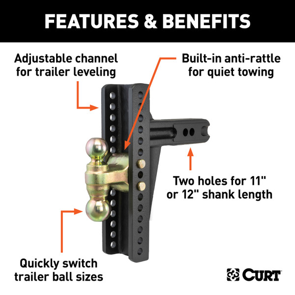CURT Adjustable Channel Mount, Dual Ball (2-1/2" Shank, 20,000 lbss., 10-3/8" Drop) Trailer Hitch Ball Mount