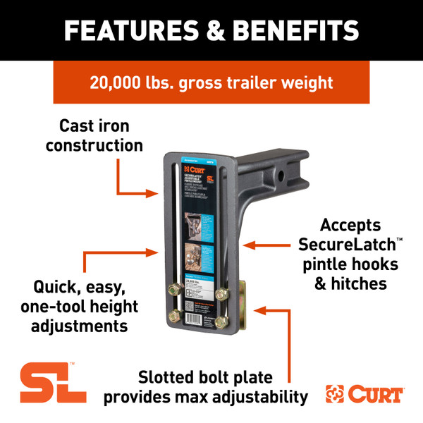 CURT SecureLatch Adjustable Pintle Mount (2-1/2" Shank, 20,000 lbs.) Trailer Hitch Pintle Hook Mount