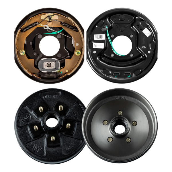 Lippert 3,500 lb RV Brake Kit – 1 Left Forward Self-Adjusting Brake (10" x 2.25", 4-Bolt) with 1 Brake Drum Hub (10", 5 on 4.5", 1/2" Stud, w/ Bearing Cone) - Lippert