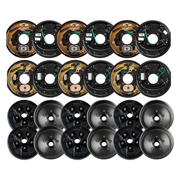 Lippert 3.5K RV Brake Kit  6 Brake Drum Hubs (10", 5 on 4.5", 1/2" Stud, Bearing Cone) with 3 Left & 3 Right Forward Self-Adjusting Brakes LIPKIT6J18G - Lippert