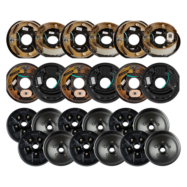 Lippert 3,500 lb Electric Brake Kit – 6 Brake Drum Hubs (10", 5 on 4.5", 1/2" Stud with Bearing Cone) with 3 Left & 3 Right Electric Brake Assemblies (10" x 2.25") - Lippert