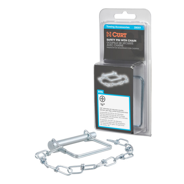 CURT 3/8" Safety Pin with 12" Chain (2-3/4" Pin Length, Packaged) Trailer Hitch Lock - CURT