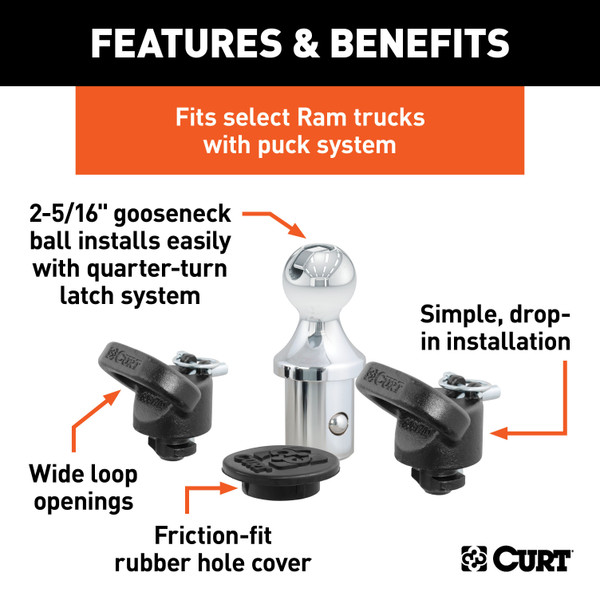CURT 60618 OEM Puck System Gooseneck Hitch Kit, 30K, 2-5/16-In Ball, Fits Select Ram 2500, 3500