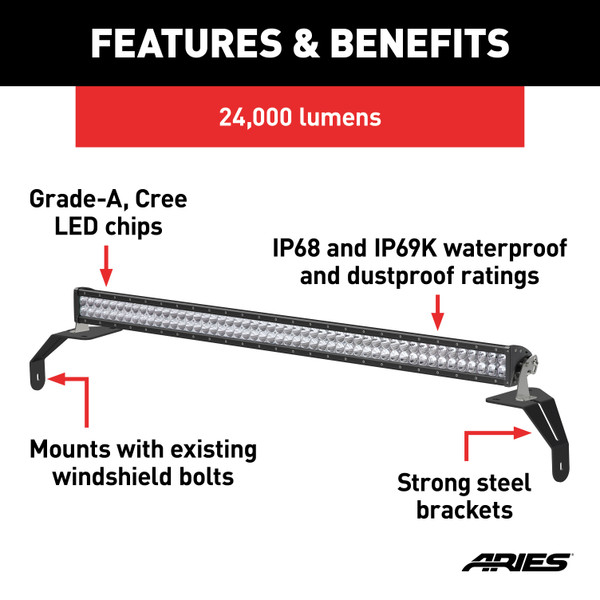ARIES Jeep Wrangler JL, Gladiator Windshield Light Bar and Brackets Light Bar Mounting Kit
