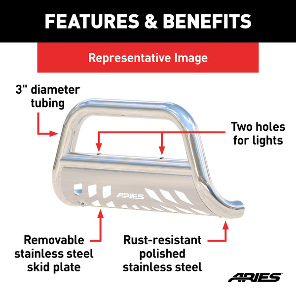 ARIES 3" Polished Stainless Bull Bar, Select Ford Excursion, F-250, F-350 Super Duty Brush Guard