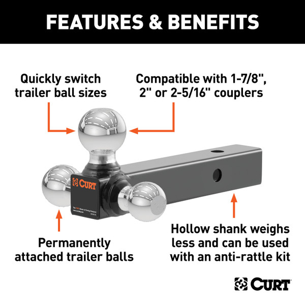 CURT 2" Hollow Shank Trailer Hitch Ball Mount with 1-7/8", 2" & 2-5/16" Chrome Balls & 5/8" Hitch Lock for 3" Receiver