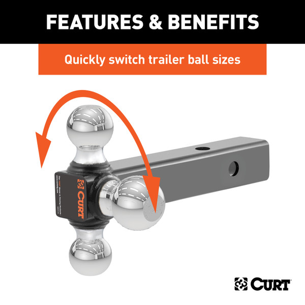 CURT 2" Hollow Shank Trailer Hitch Ball Mount with 1-7/8", 2" & 2-5/16" Chrome Balls & 5/8" Hitch Lock for 3" Receiver