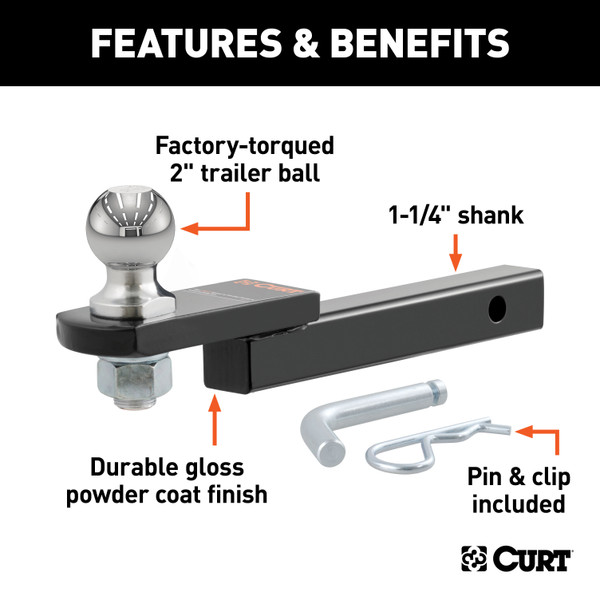 CURT 3,500 lbs Towing Starter Kit with 2" Ball (1-1/4" Shank, 3/4" Rise) Trailer Hitch Ball Mount with Switch Ball Trailer Ball Set (1-7/8", 2" & 2-5/16" Balls, 1" x 2-1/4" Shank)