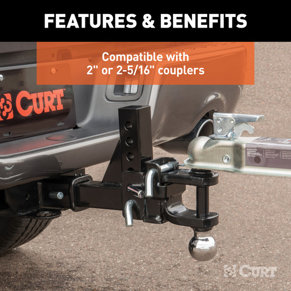 CURT Adjustable Multipurpose Ball Mount (2" Shank, 2" & 2-5/16" Balls) Trailer Hitch Ball Mount with 5/8" Hitch Lock (3" Receiver, Barbell, Chrome)