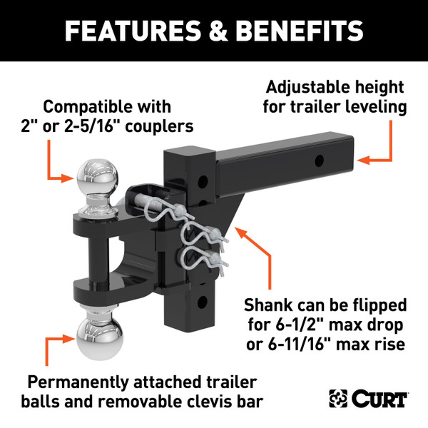 CURT Adjustable Multipurpose Ball Mount (2" Shank, 2" & 2-5/16" Balls) Trailer Hitch Ball Mount with Anti-Rattle Hitch Pin and Shim (Fits 2" Receiver with 5/8" Hole)