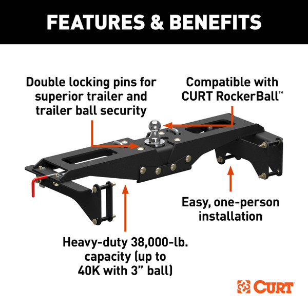 CURT 60704 PowerHaul Double Lock Gooseneck Hitch, Fits Select Chevrolet Silverado 2500 HD, 3500 HD, GMC Sierra 2500 HD, 3500 HD