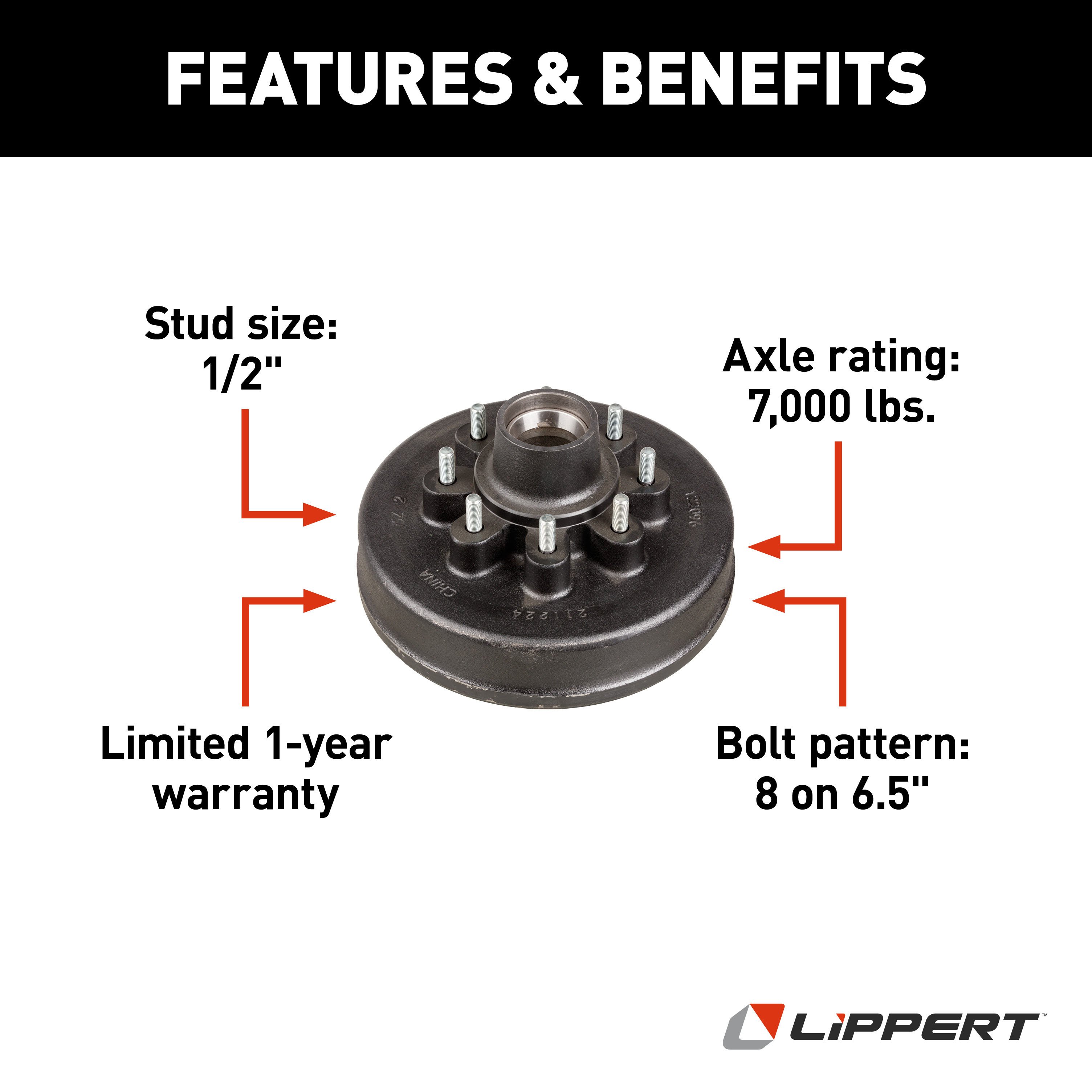 Lippert 12" Brake Drum Hub Assembly for 7,000-lb. Axle - 8 on 6.5",1/2" Stud 122096 thumbnail 1