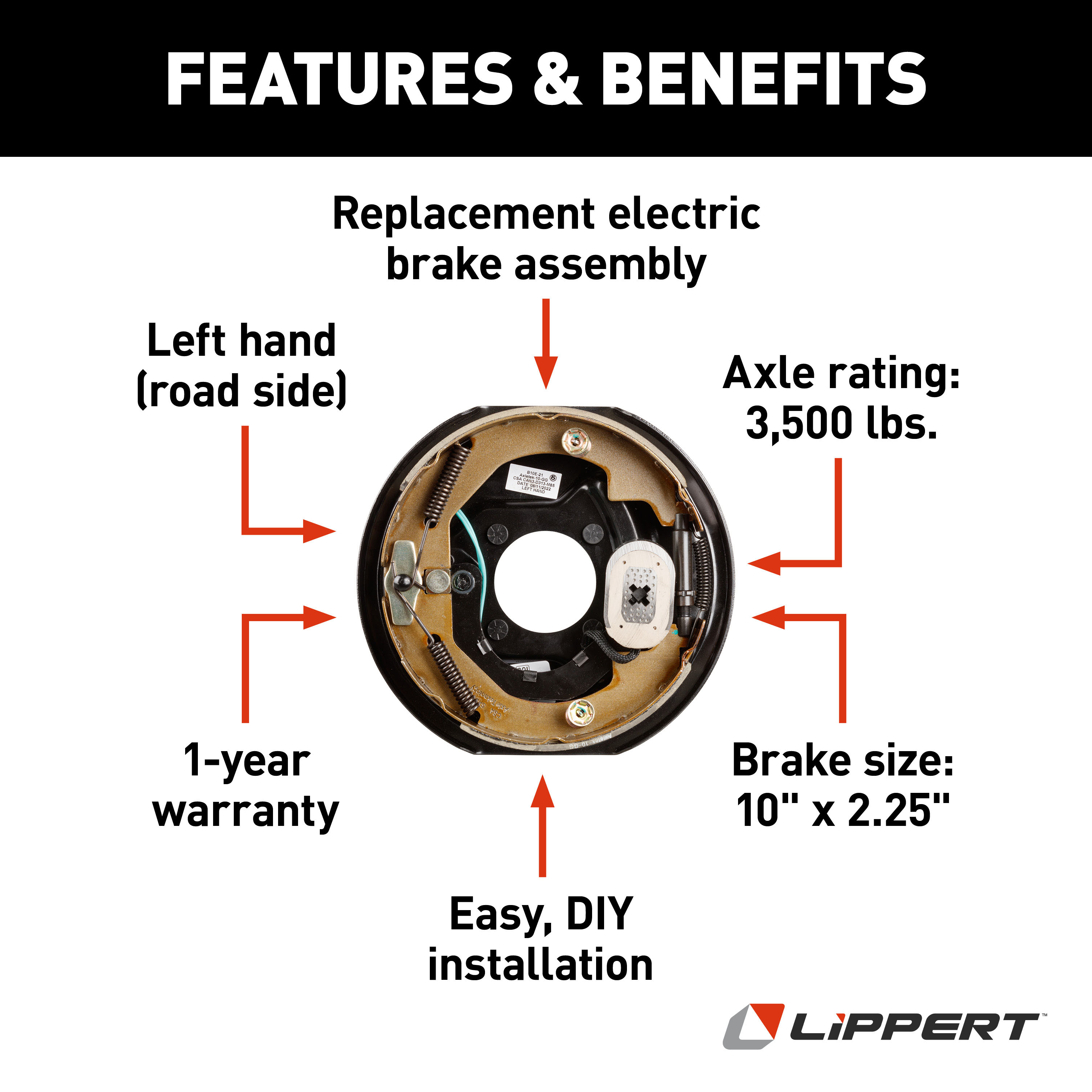 Lippert Electric Brake Assembly - 10" x 2.25", 3,500 lbs. (Left Side) 122258 thumbnail 2