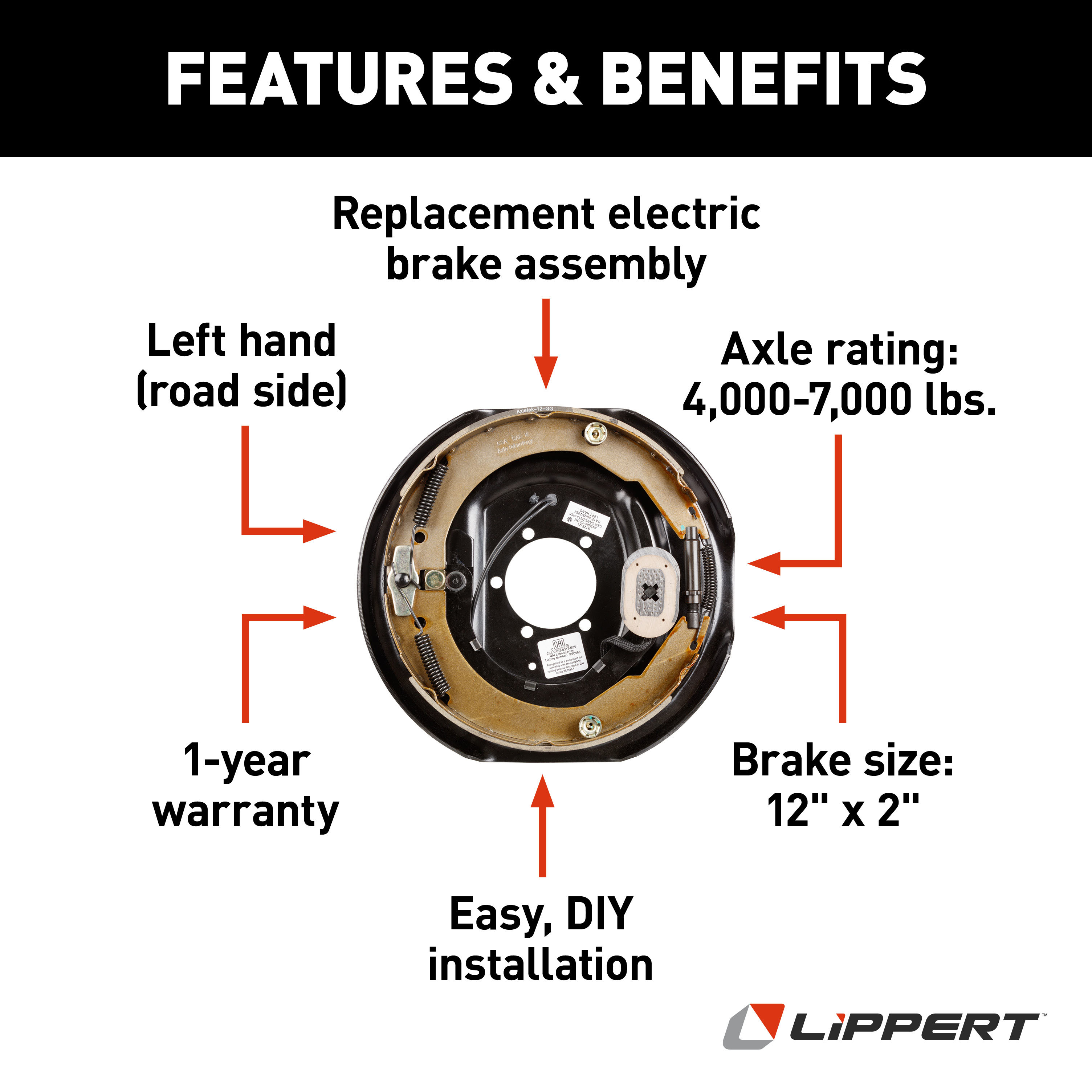 Lippert Electric Brake Assembly - 12" x 2", 4-Bolt, 4,000-7,000 lbs. (Left Side) 122259 thumbnail 2