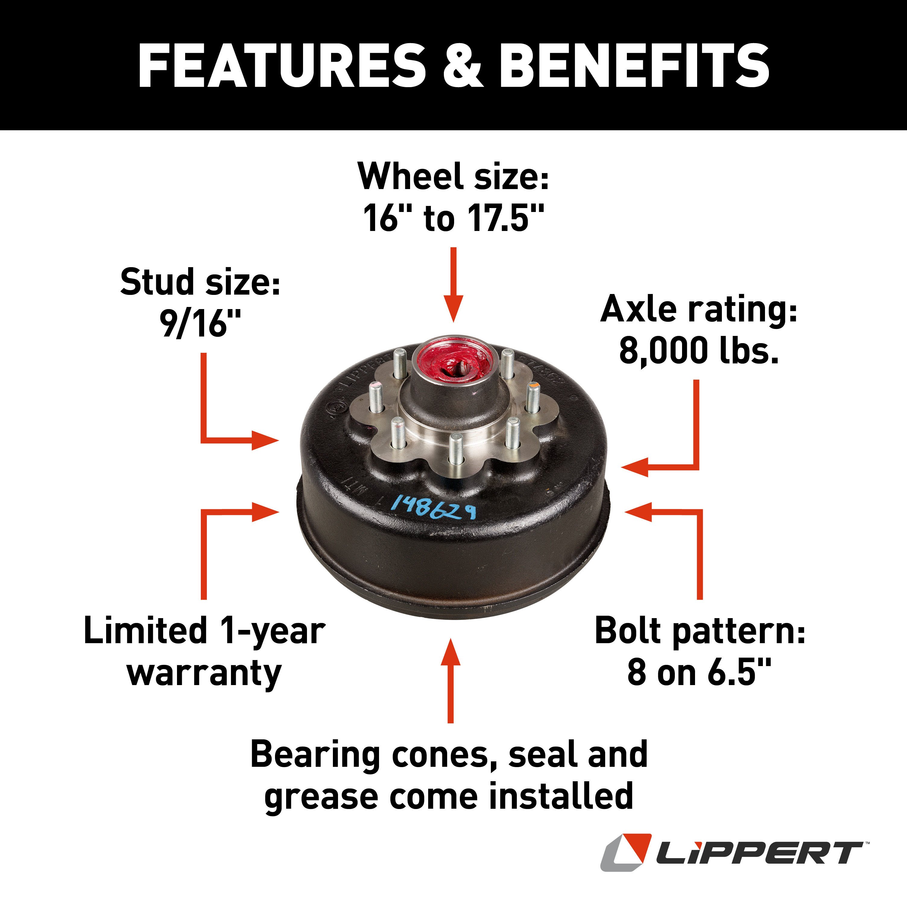Lippert RV Brake Drum Hub Assembly for 8,000-lb. Axle - 8 on 6.5", 9/16" Stud 148629 thumbnail 1