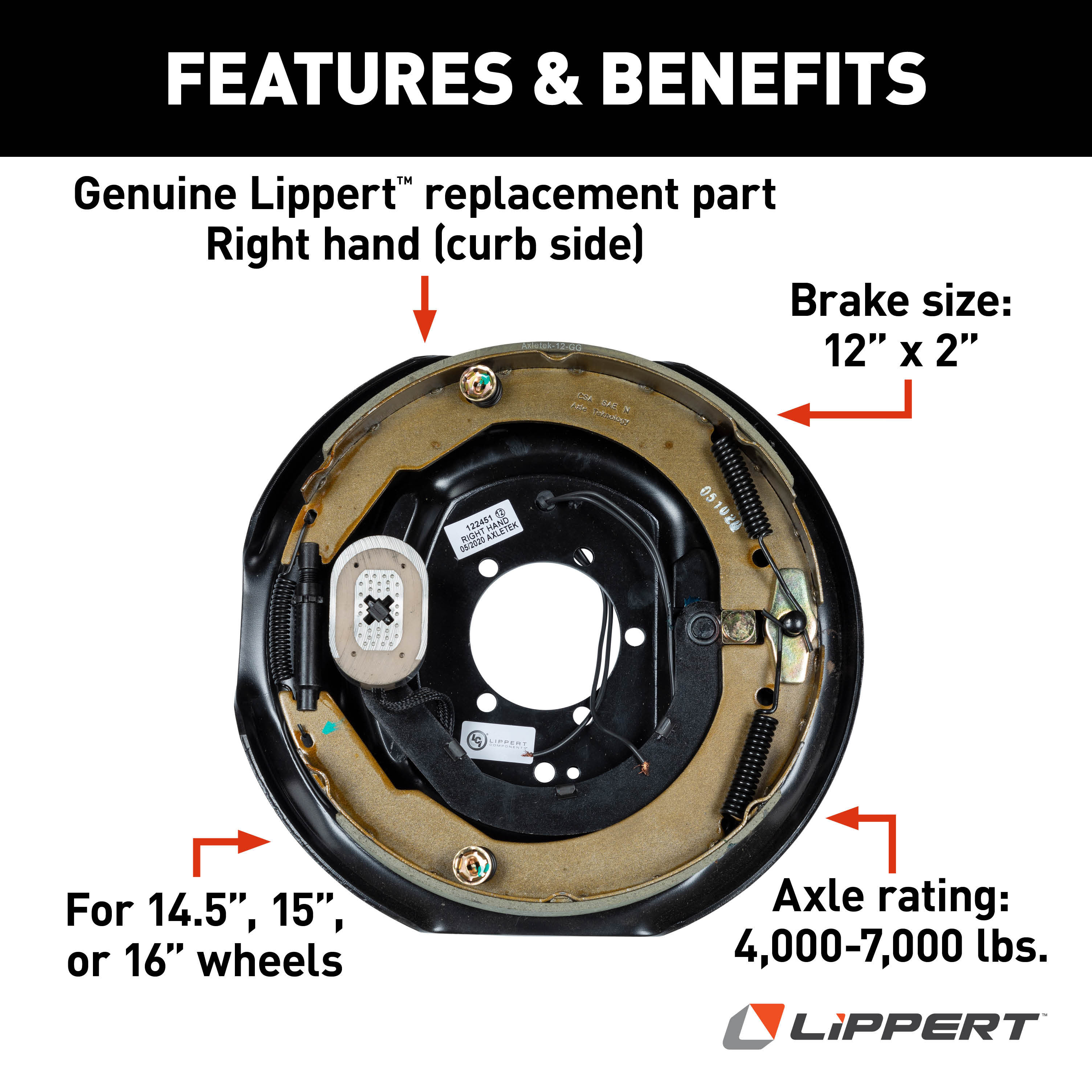 Lippert Electric Trailer Brake Assembly - 12" x 2", 5,200-7,000-lb. Axles, Right Side 298276 thumbnail 2