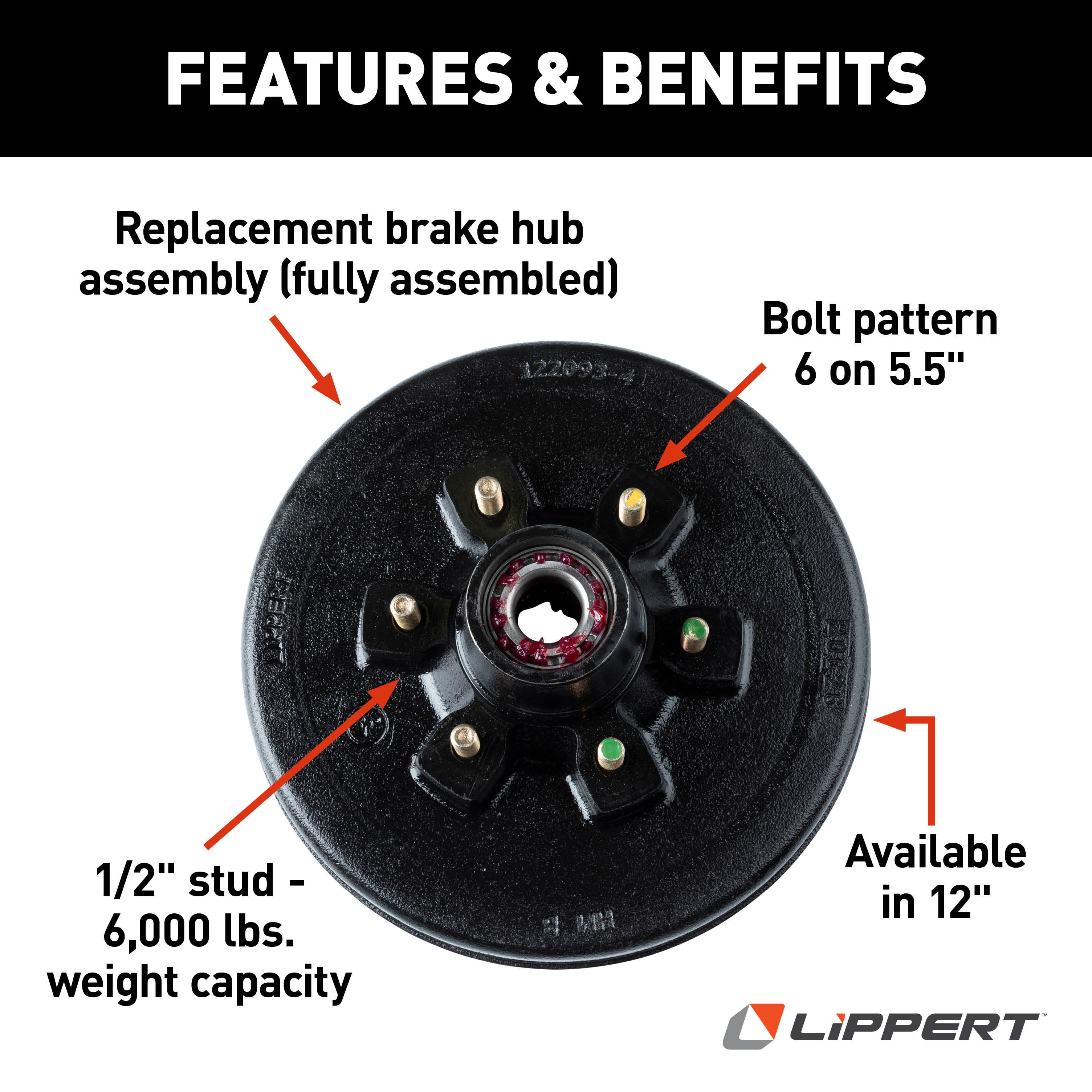 Lippert 12" RV Brake Drum Hub for 6,000-lb Axle - 6 on 5.5", 1/2" Stud (Fully Assembled) 814202 thumbnail 2