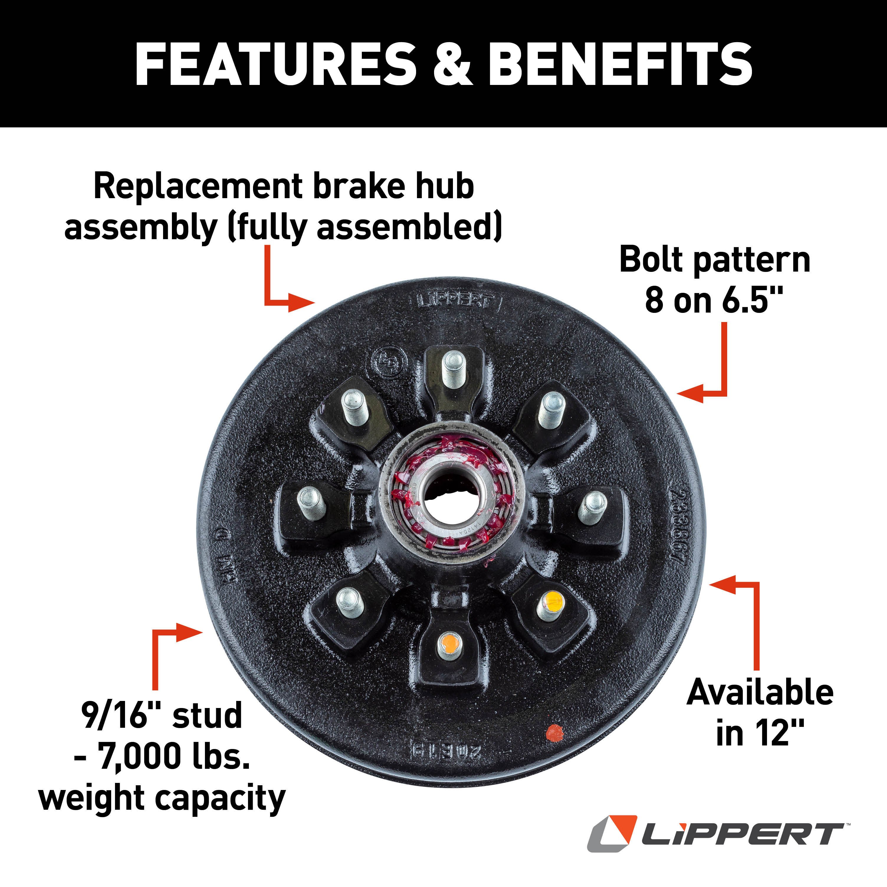 Lippert RV Brake Drum Hub for 7,000-lb. Axle - 8 on 6.5", 9/16" Stud (Fully Assembled) 814204 thumbnail 2