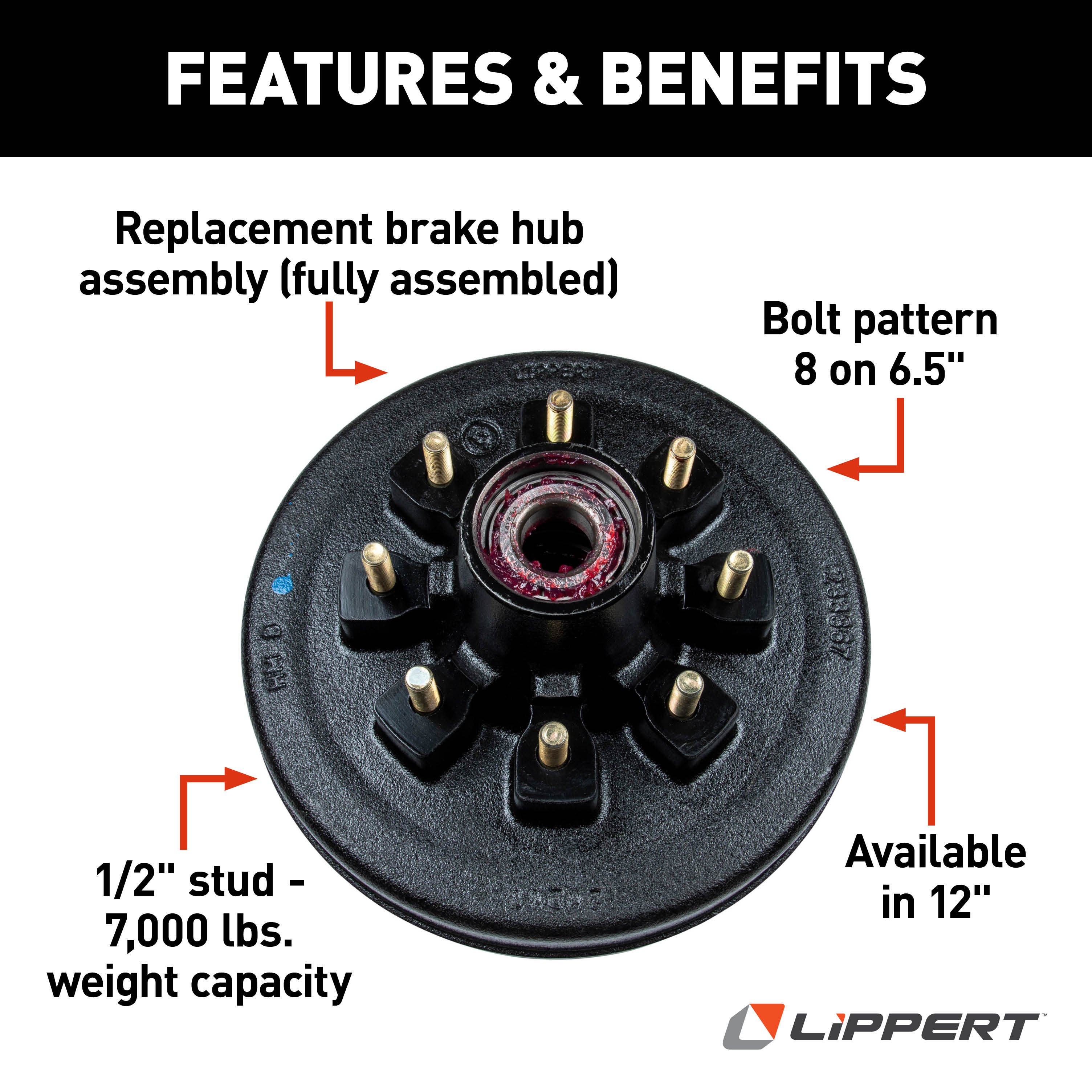 Lippert 12" RV Brake Drum Hub for 7,000-lb Axle - 8 on 6.5", 1/2" Stud (Fully Assembled) 814203 thumbnail 2