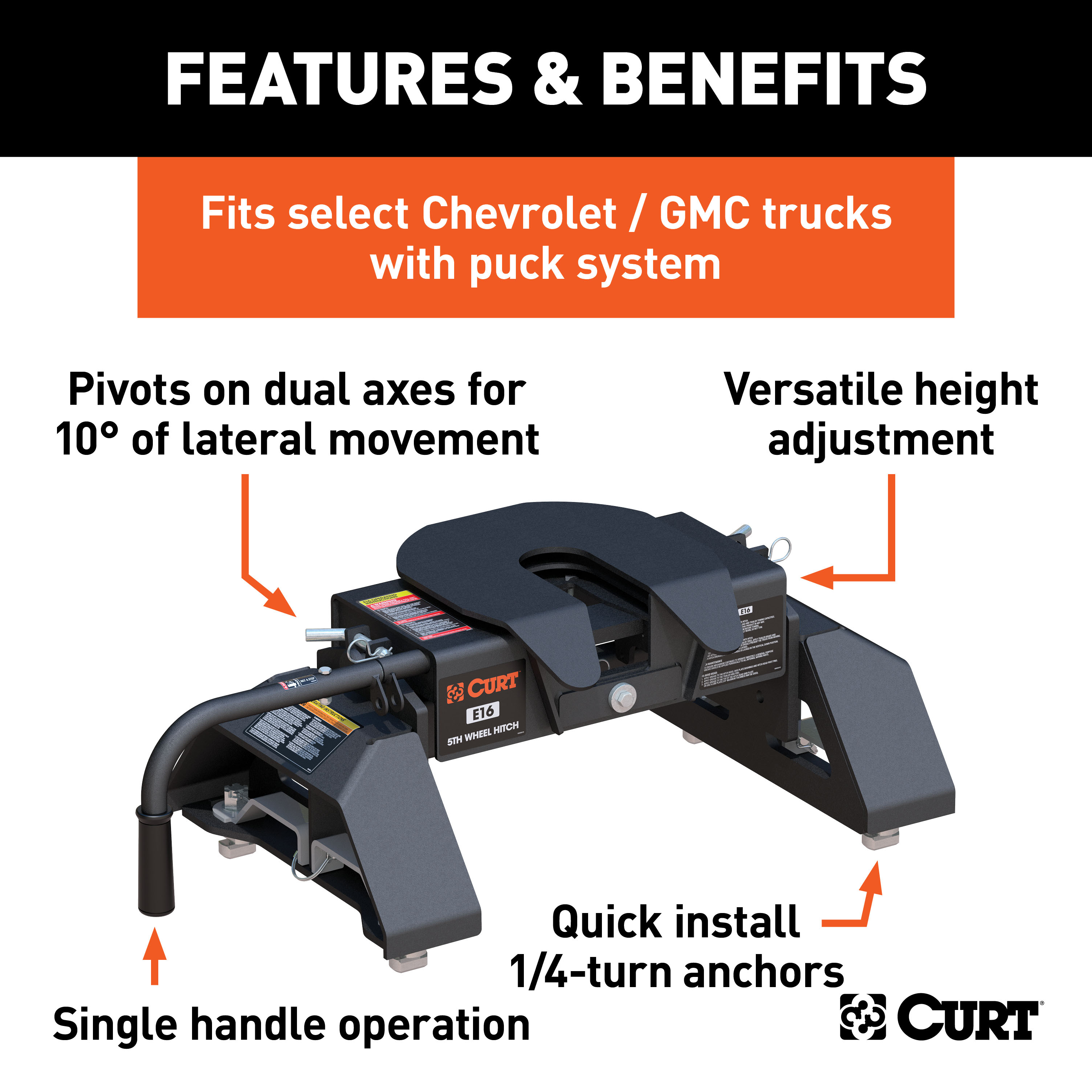 CURT 16K, E16 5th Wheel Hitch, 16,000 lbs, Select Chevrolet Silverado, GMC Sierra 2500, 3500 HD, 8-Foot Bed Puck System 16097 thumbnail 1