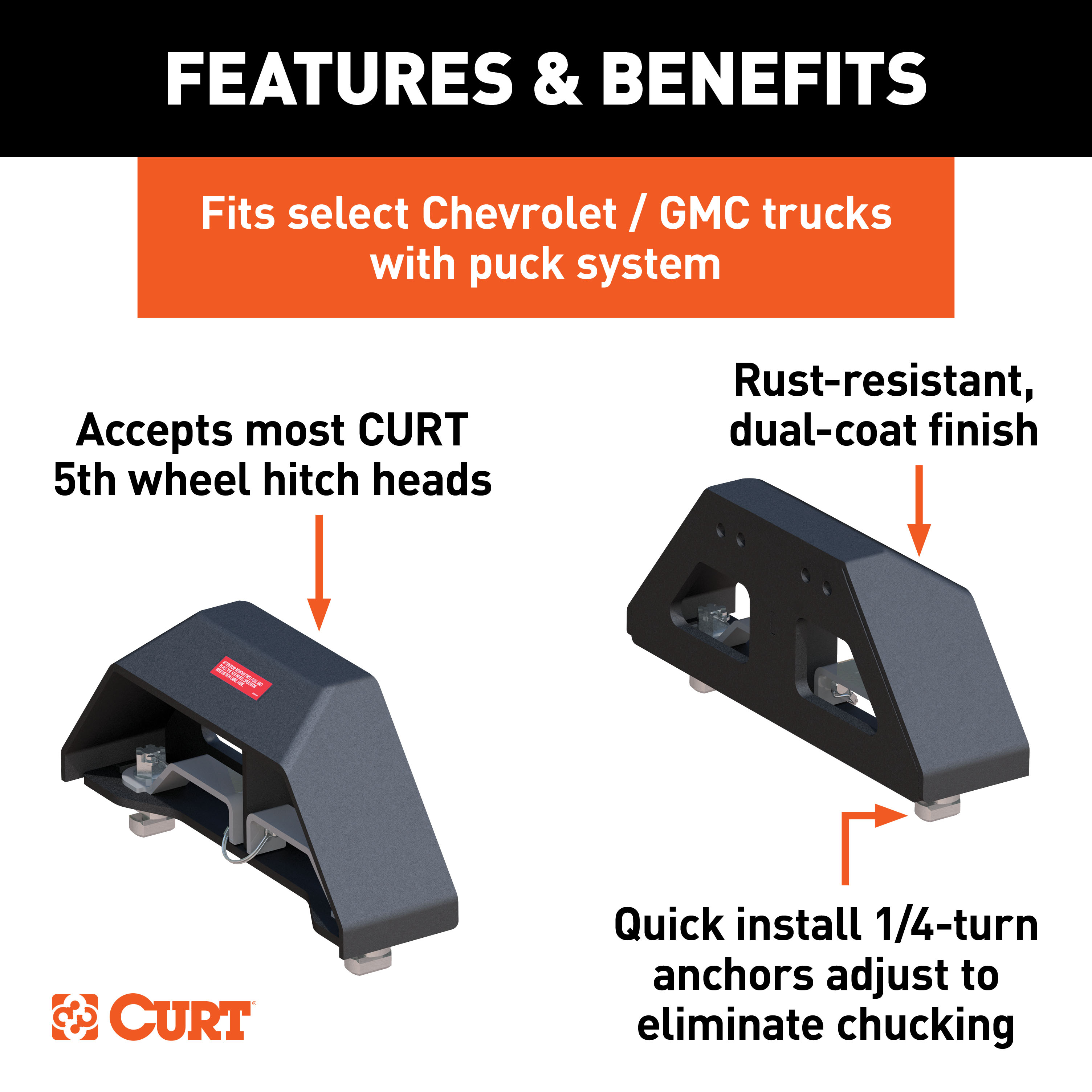 CURT 16029 Replacement Chevrolet Silverado, GMC Sierra 2500, 3500 HD Puck System 5th Wheel Legs, 25,000 lbs, Hitch Head Required thumbnail 1