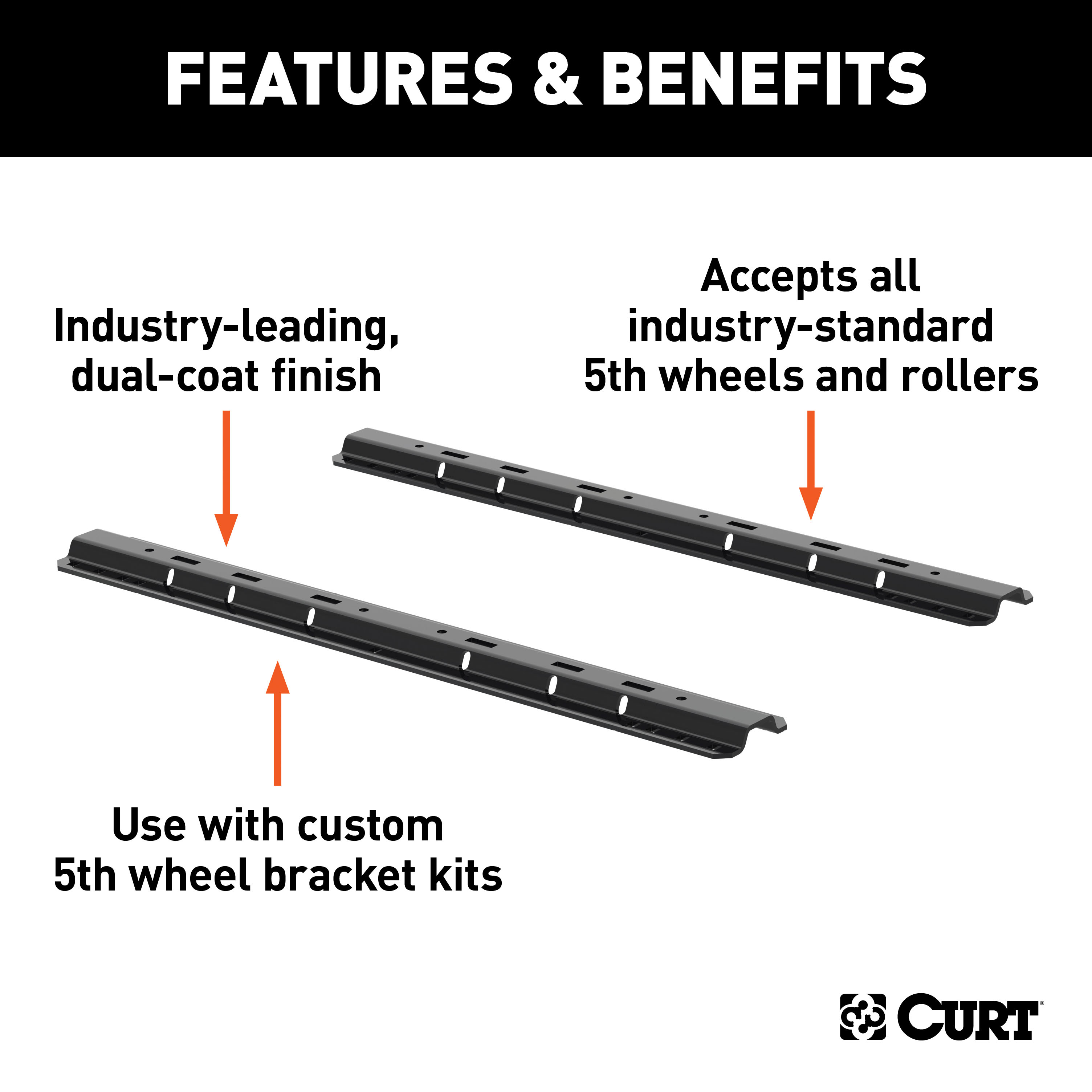 CURT 16150 Industry-Standard 5th Wheel Hitch Rails and 4-Bolt Brackets, Gloss Black, 25,000 Pounds thumbnail 1