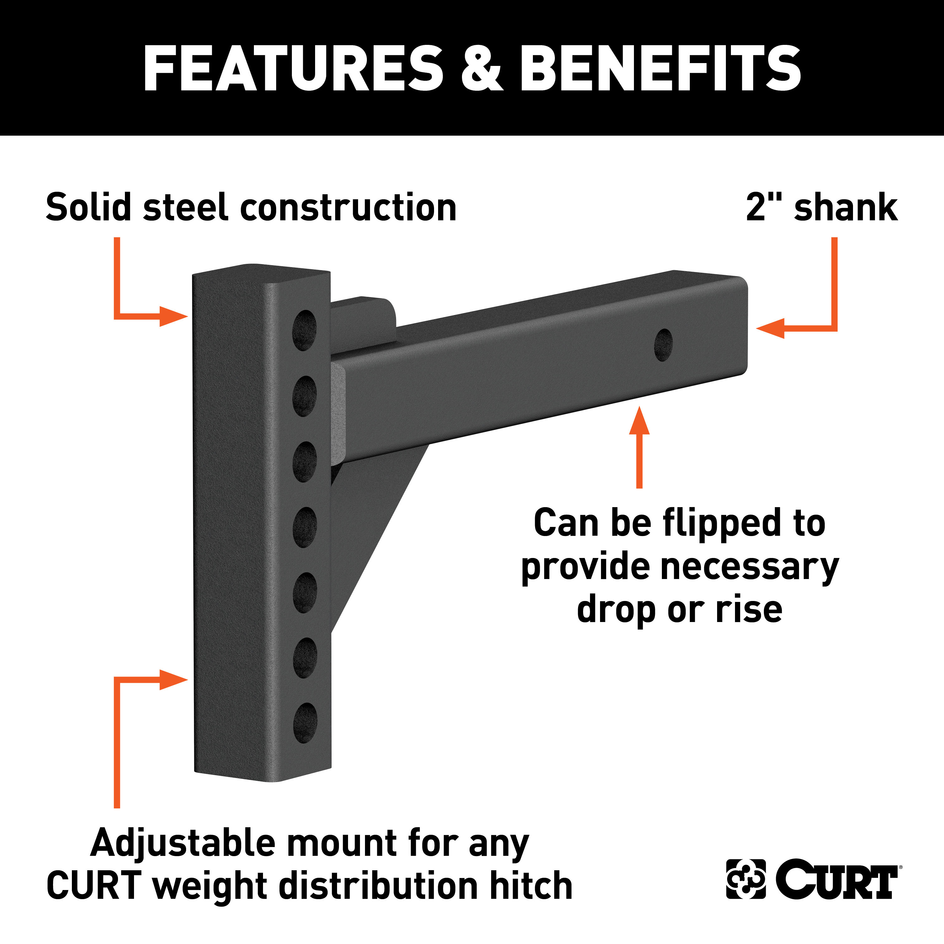 CURT 17102 Replacement Weight Distribution Hitch Shank, 2-Inch Receiver, 2-In Drop, 6-Inch Rise thumbnail 1