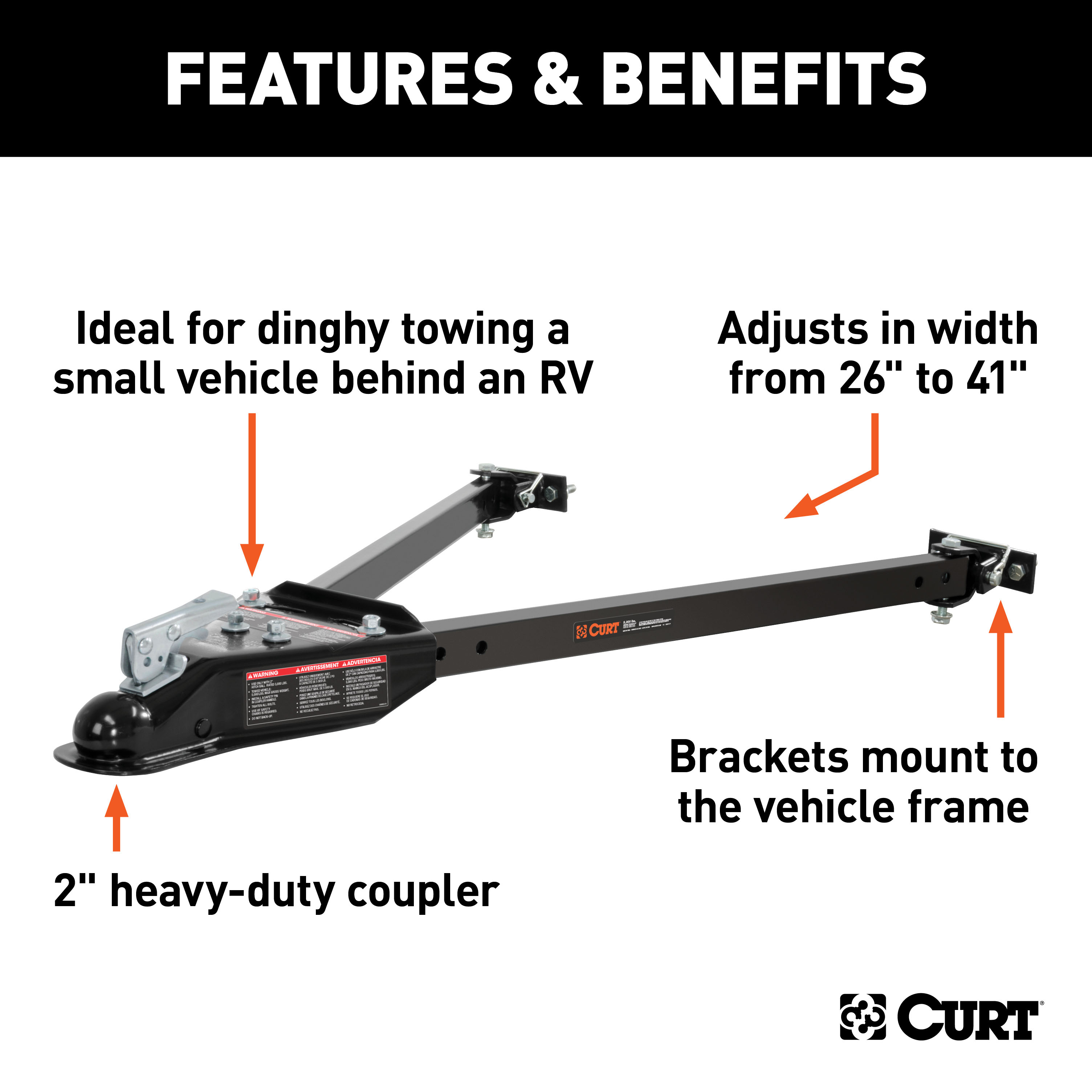 CURT 19745 Universal Car RV Tow Bars for Flat or Dinghy Towing, 5,000 lbs, 2-Inch Coupler thumbnail 1