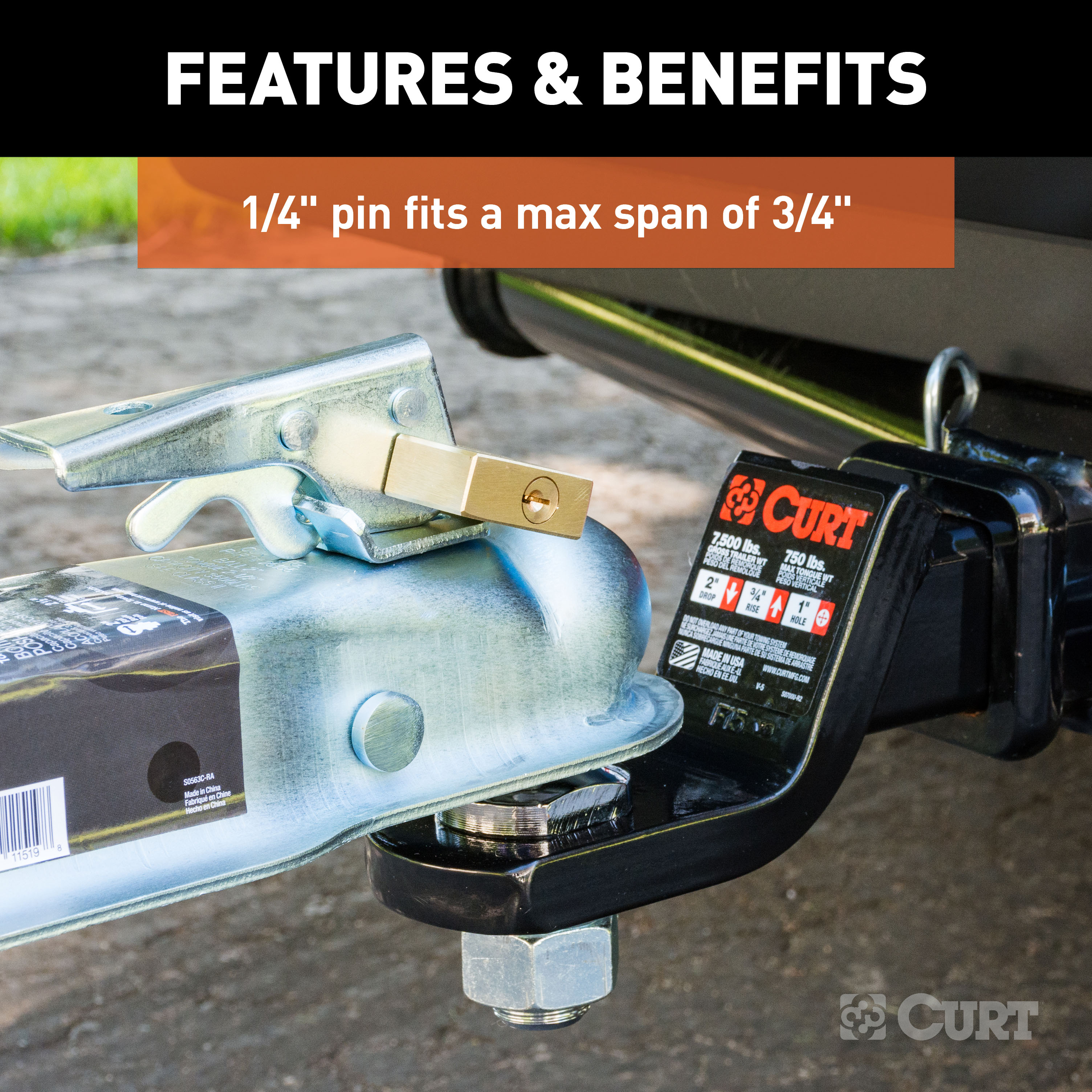 CURT 23546 Brass Trailer Tongue Coupler Lock, 1/4-Inch Pin Diameter, Up to 3/4-Inch Span thumbnail 2