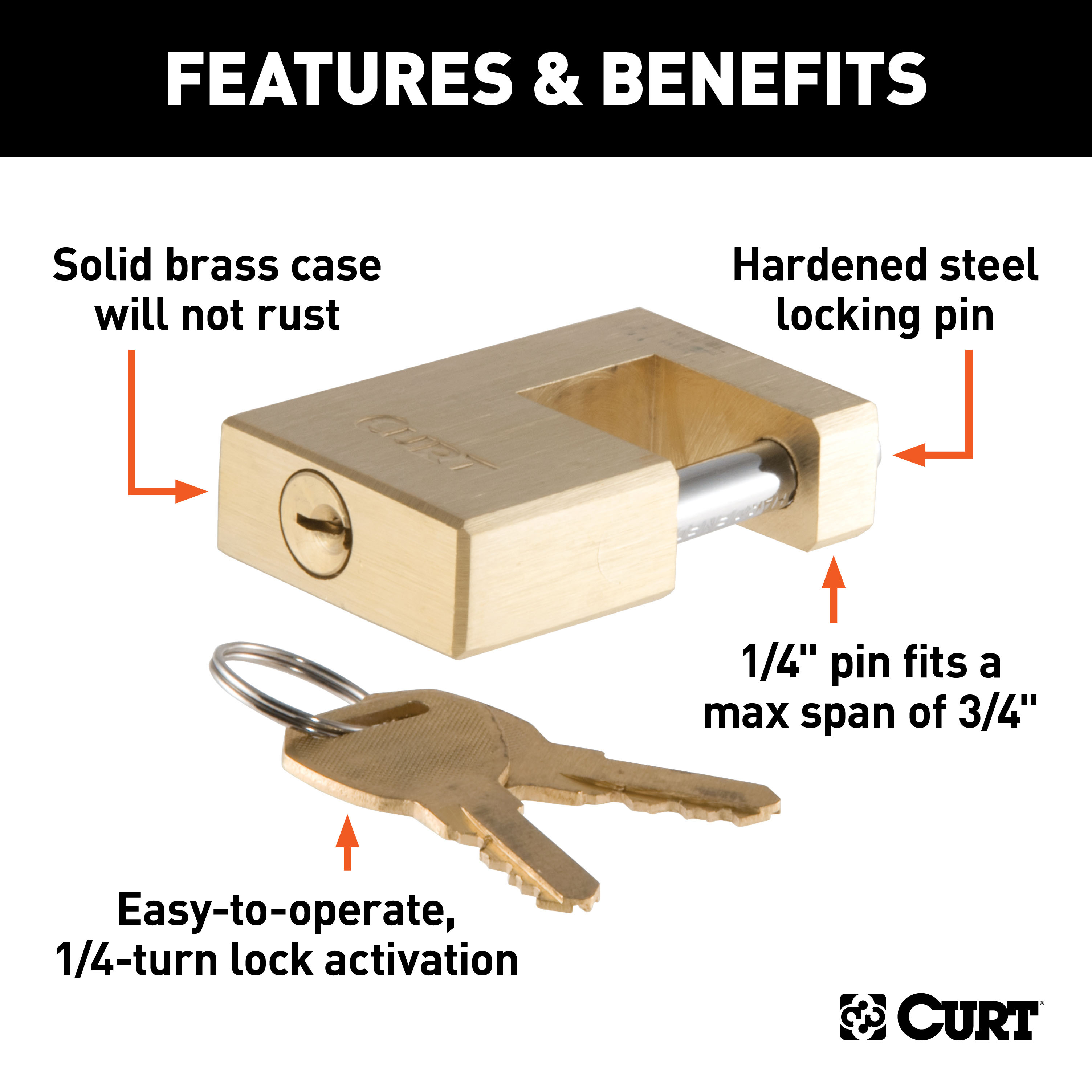 CURT 23546 Brass Trailer Tongue Coupler Lock, 1/4-Inch Pin Diameter, Up to 3/4-Inch Span thumbnail 1