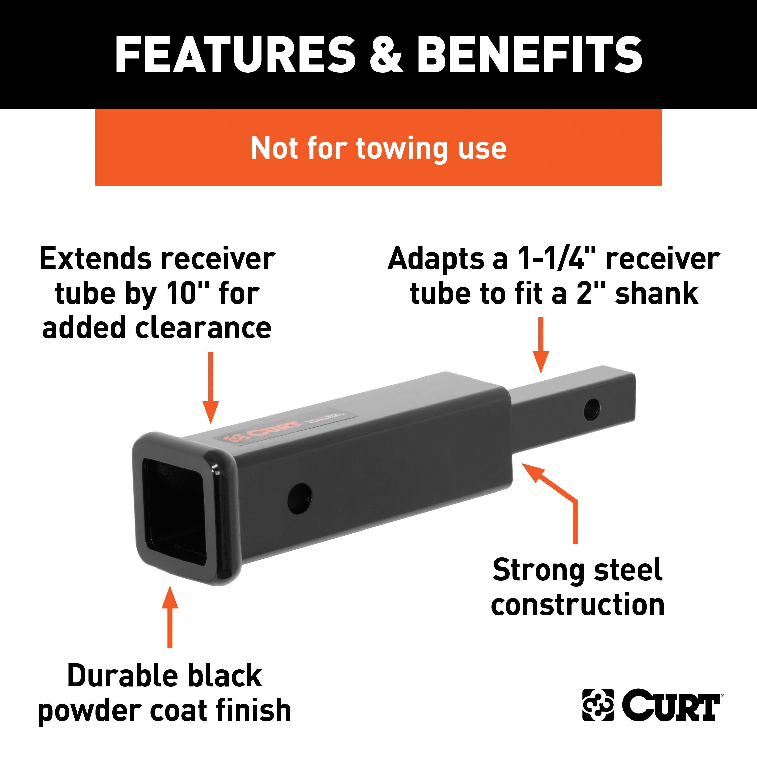 CURT 45790 Trailer Hitch Receiver Adapter, 1-1/4 to 2-Inch, 10-In Extension, 350 lbs thumbnail 1
