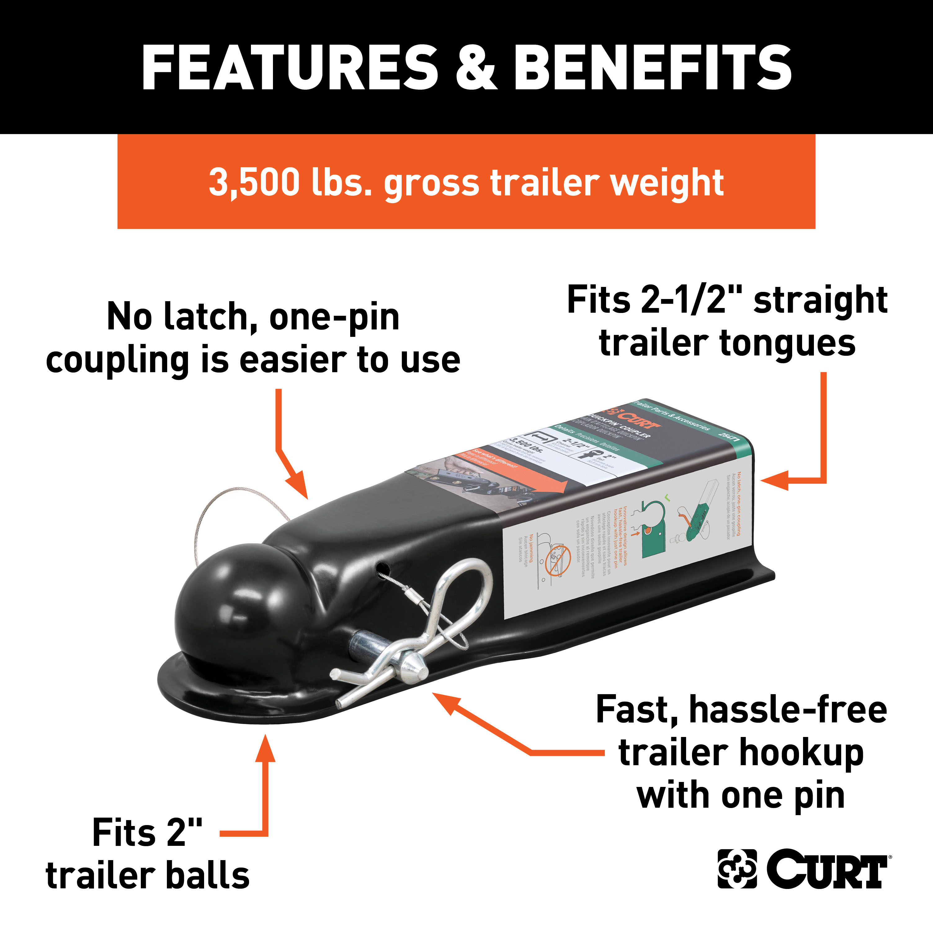 CURT 3,500 lbs QuickPin No-Latch Trailer Coupler for 2-Inch Hitch Ball (2-1/2-In Channel) Trailer Hitch Coupler thumbnail 1
