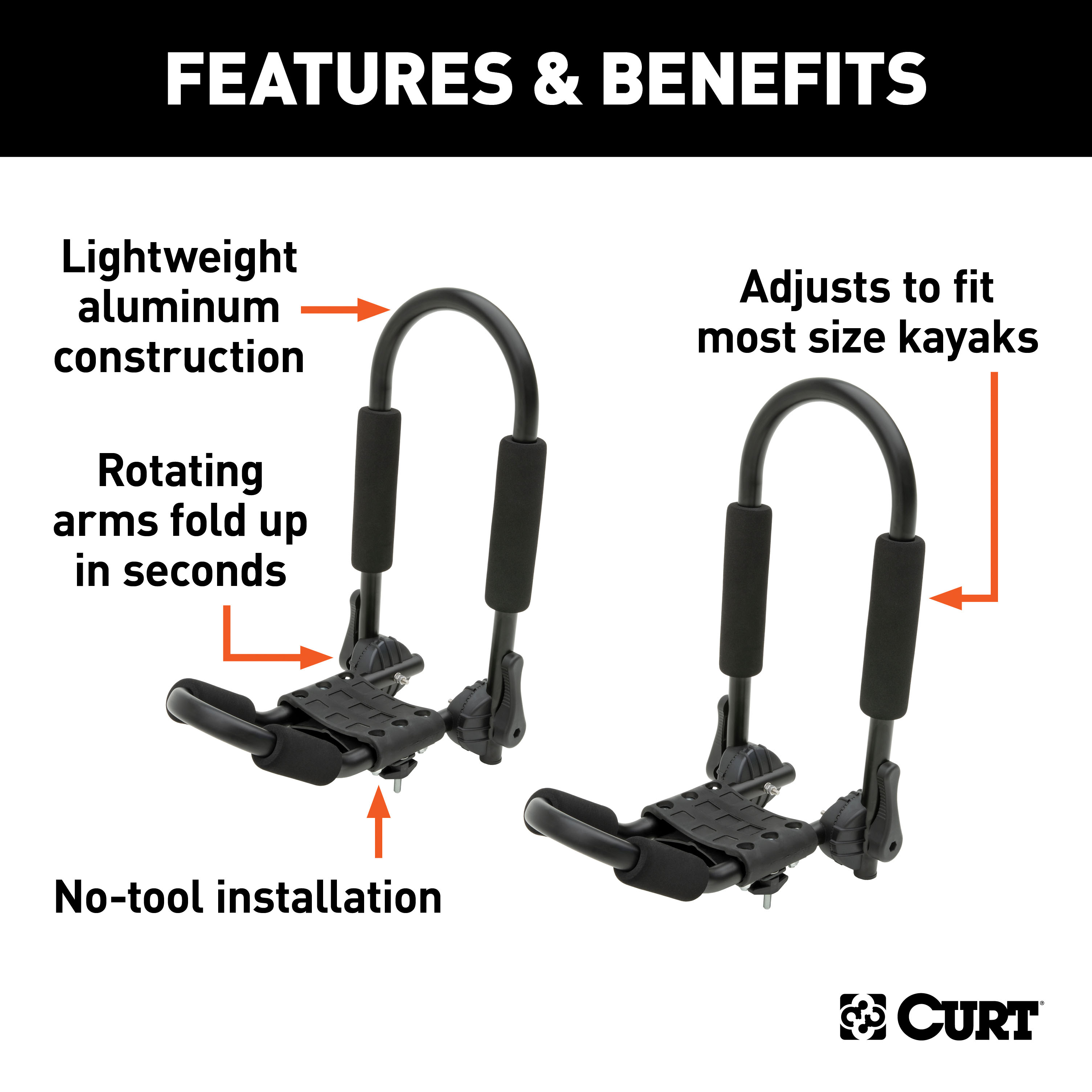 CURT 18320 Fully Adjustable Aluminum Universal Kayak Roof Rack Carrier, 2-Pack thumbnail 3