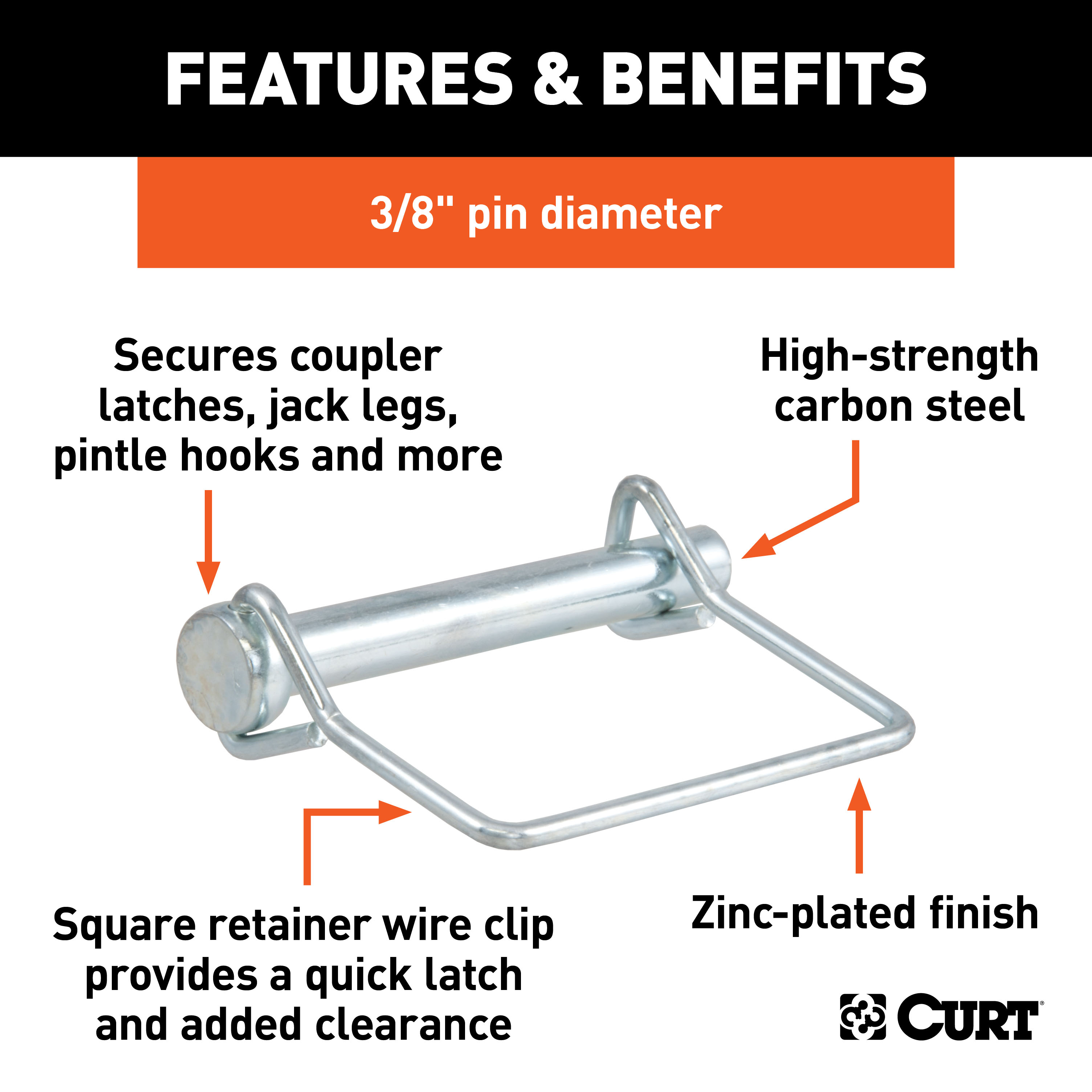 CURT 28279 Trailer Coupler Pin, 3/8-Inch Diameter x 2-3/4-Inch Long thumbnail 1