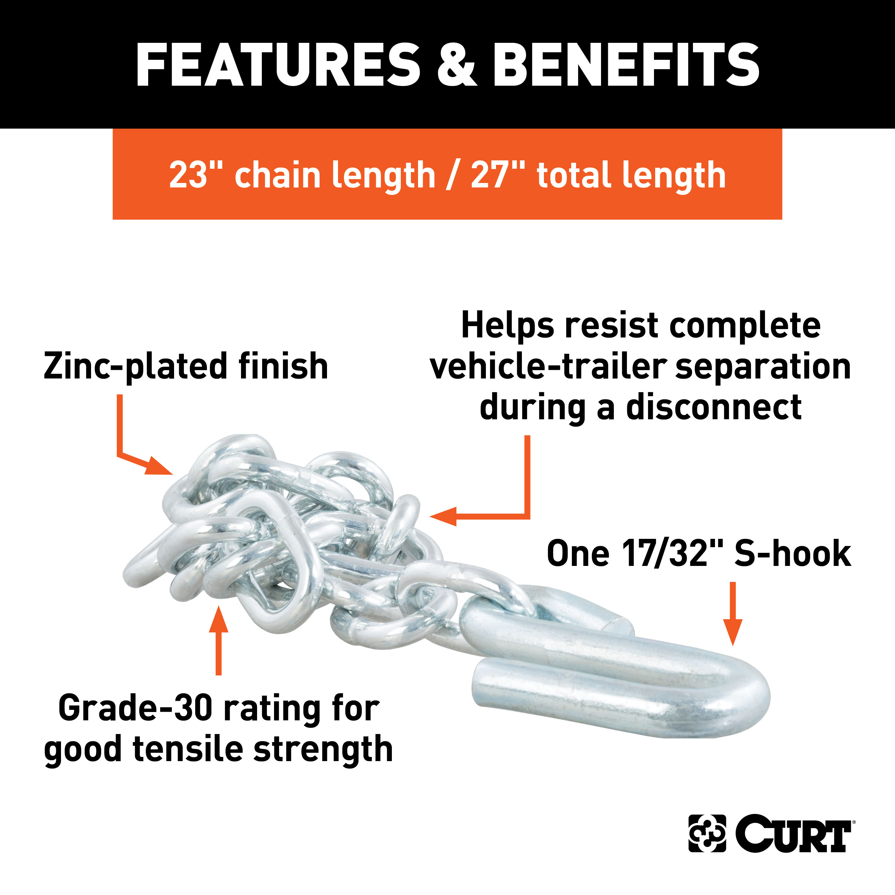 CURT 80300 27-Inch Trailer Safety Chain with 17/32-In S-Hook, 7,000 lbs Break Strength thumbnail 3