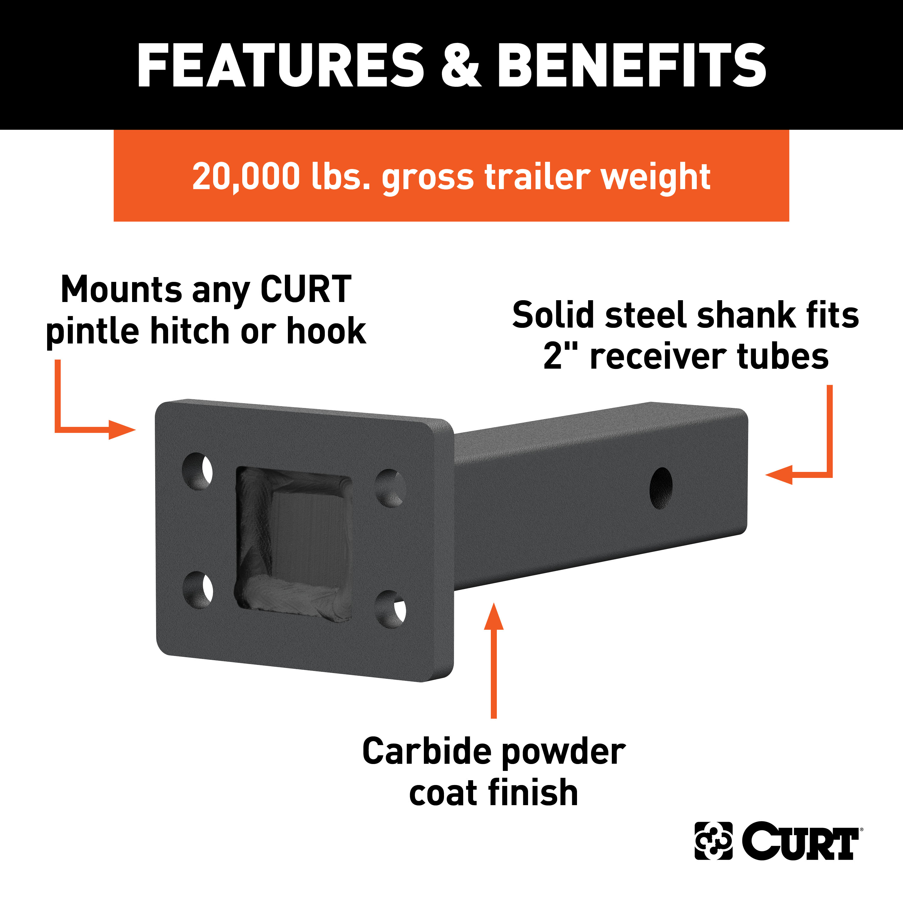 CURT 48327 Pintle Mount for 2-Inch Hitch Receiver, 20,000 lbs, 6-Inch Length thumbnail 1