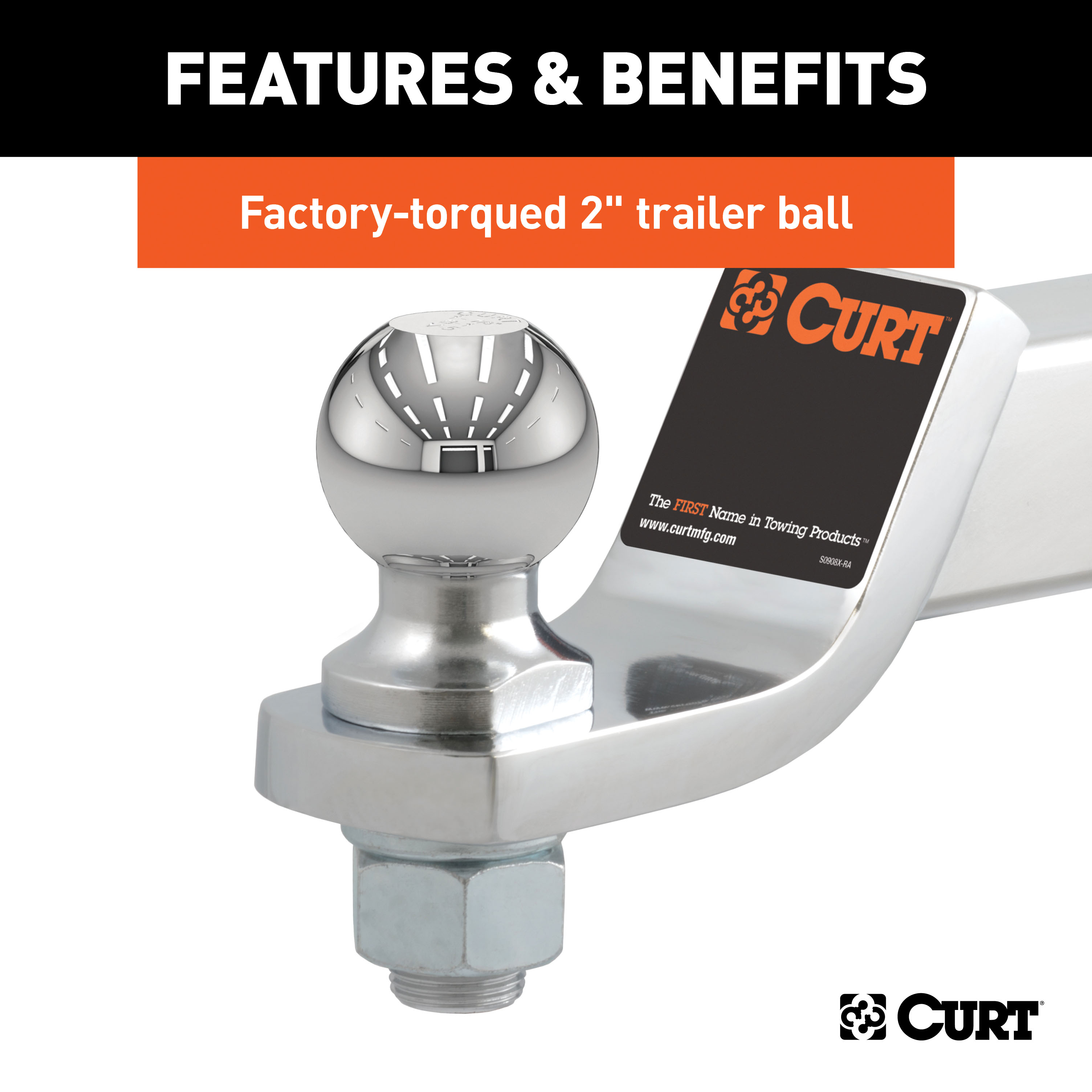 CURT 45295 Chrome Trailer Hitch Mount with 2-Inch Ball & Pin, Fits 2-In Receiver, 7,500 lbss, 2" Drop thumbnail 3