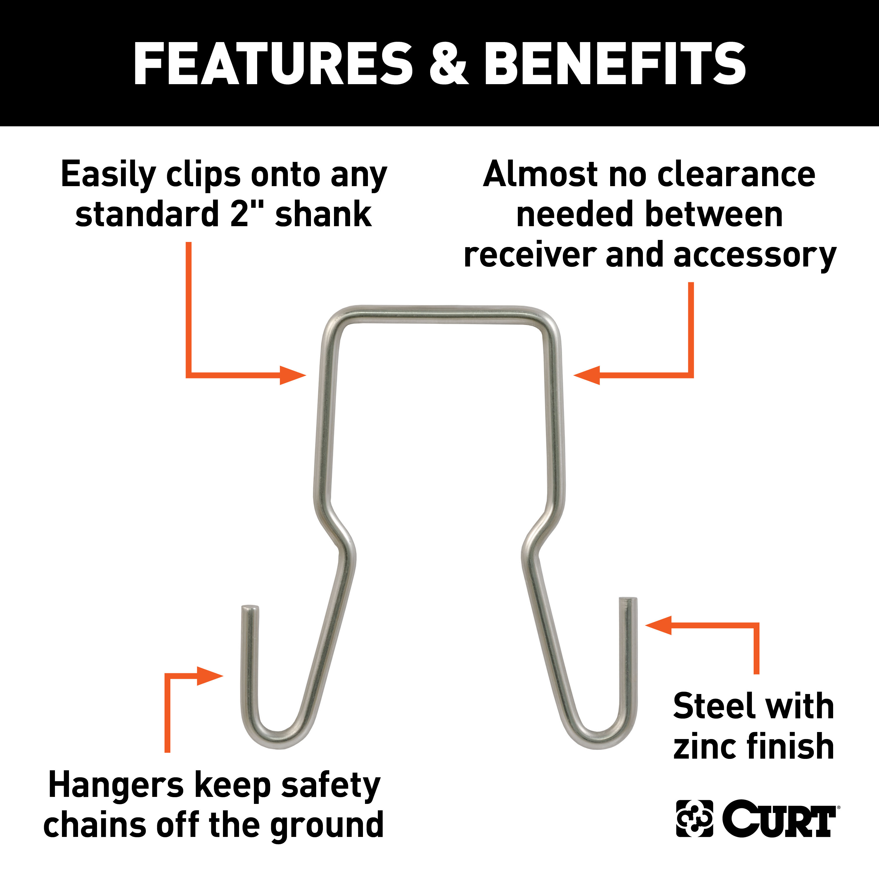 CURT 45807 Trailer Safety Chain Holder Bracket for 2-inch Shank, Clip-On Stainless Steel Hanger Hooks thumbnail 1