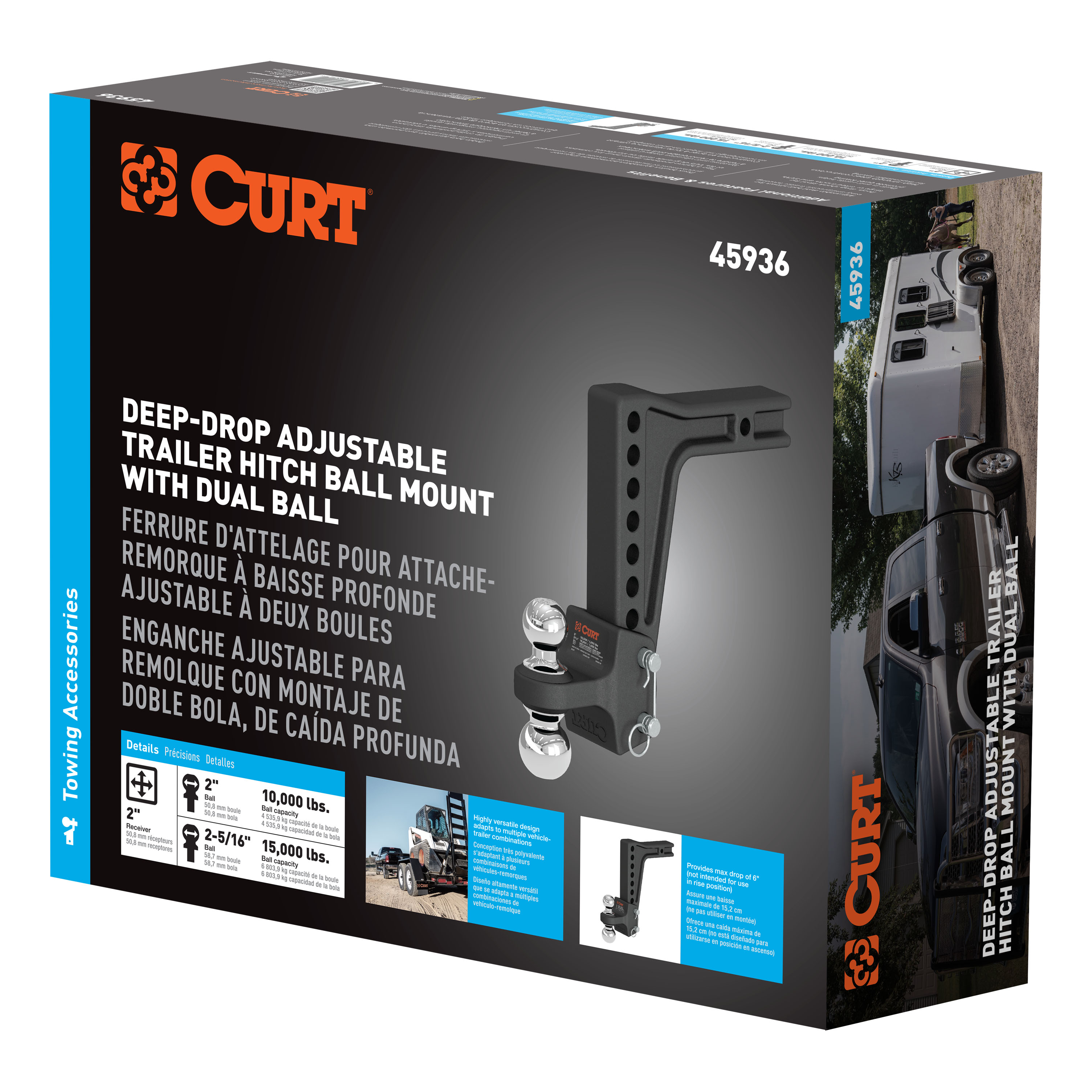 CURT 45936 Deep-Drop Adjustable Trailer Hitch Ball Mount with Dual Ball, 2" Shank, Up to 15,000 lbss thumbnail 7