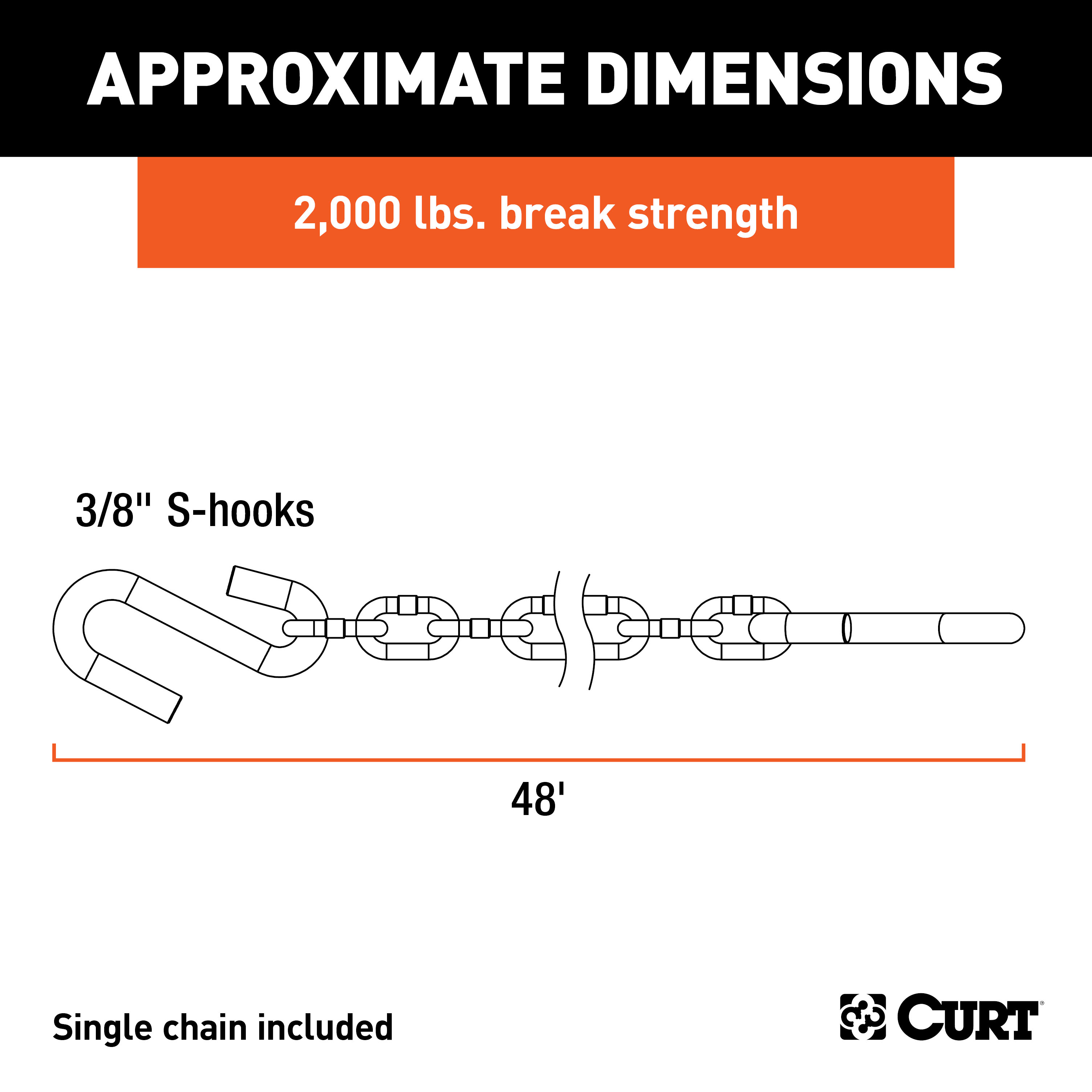 CURT 80010 48-Inch Trailer Safety Chain with 3/8-In S-Hooks, 2,000 lbs Break Strength thumbnail 2