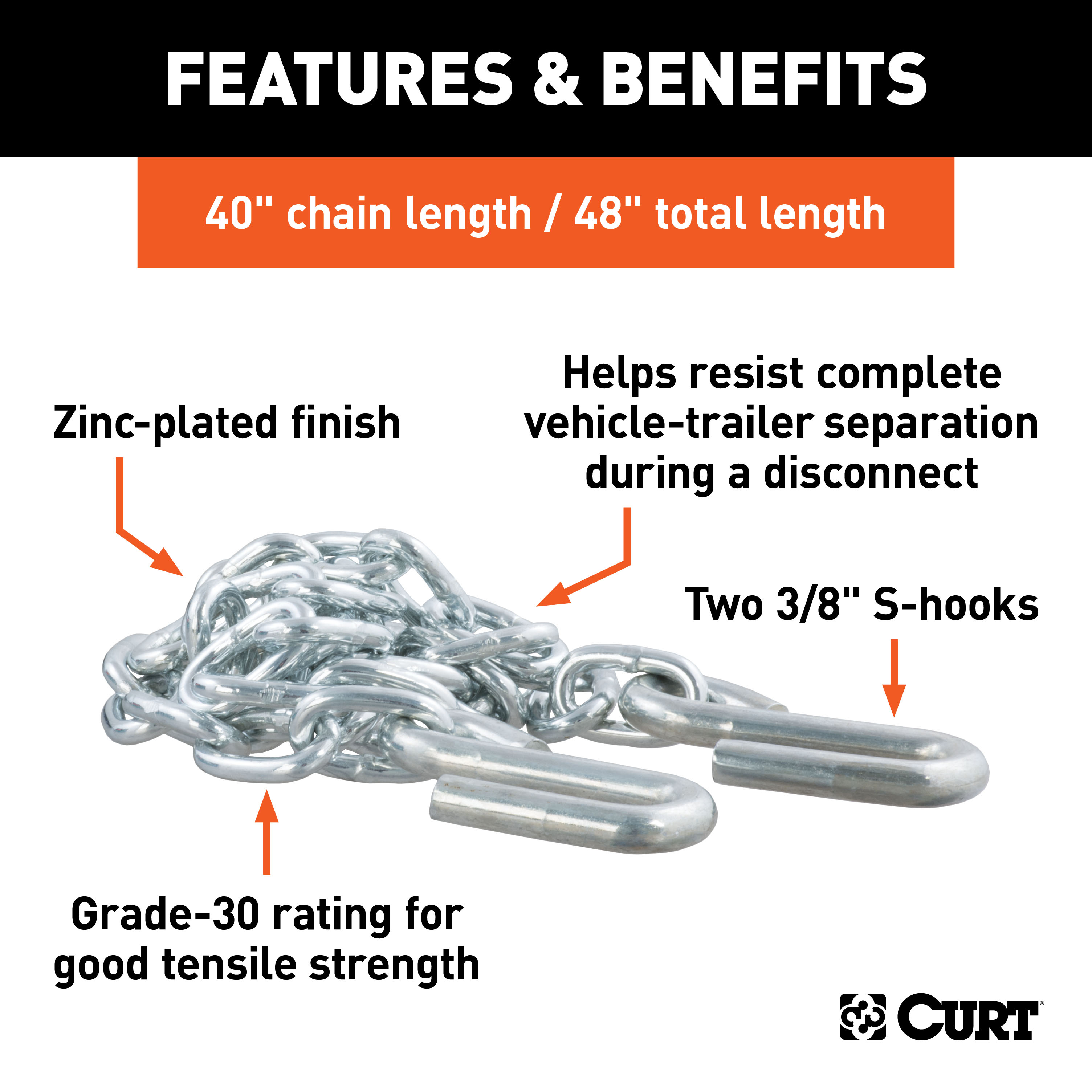 CURT 80010 48-Inch Trailer Safety Chain with 3/8-In S-Hooks, 2,000 lbs Break Strength thumbnail 3