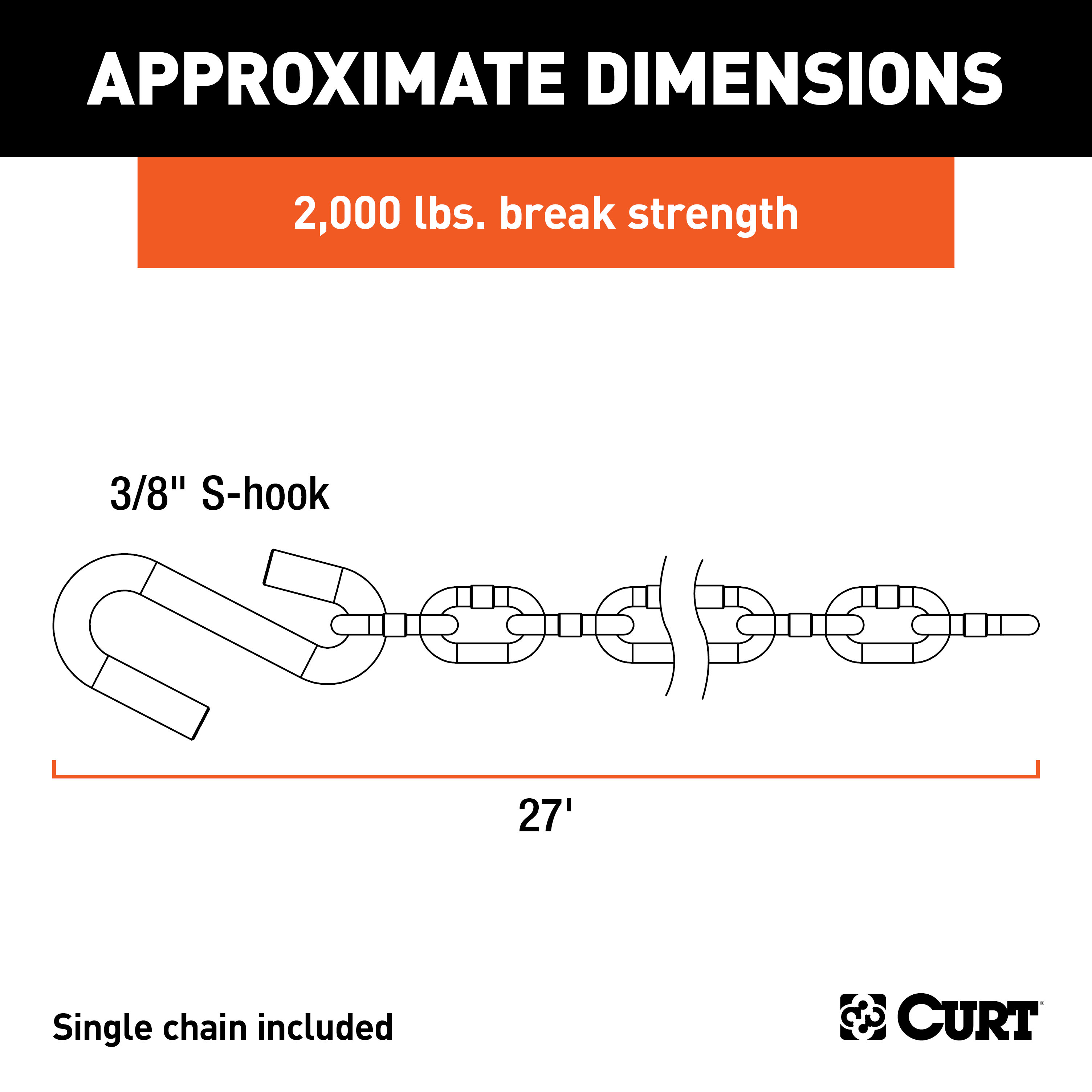 CURT 80020 27-Inch Trailer Safety Chain with 3/8-In S Hook, 2,000 lbs Break Strength thumbnail 2
