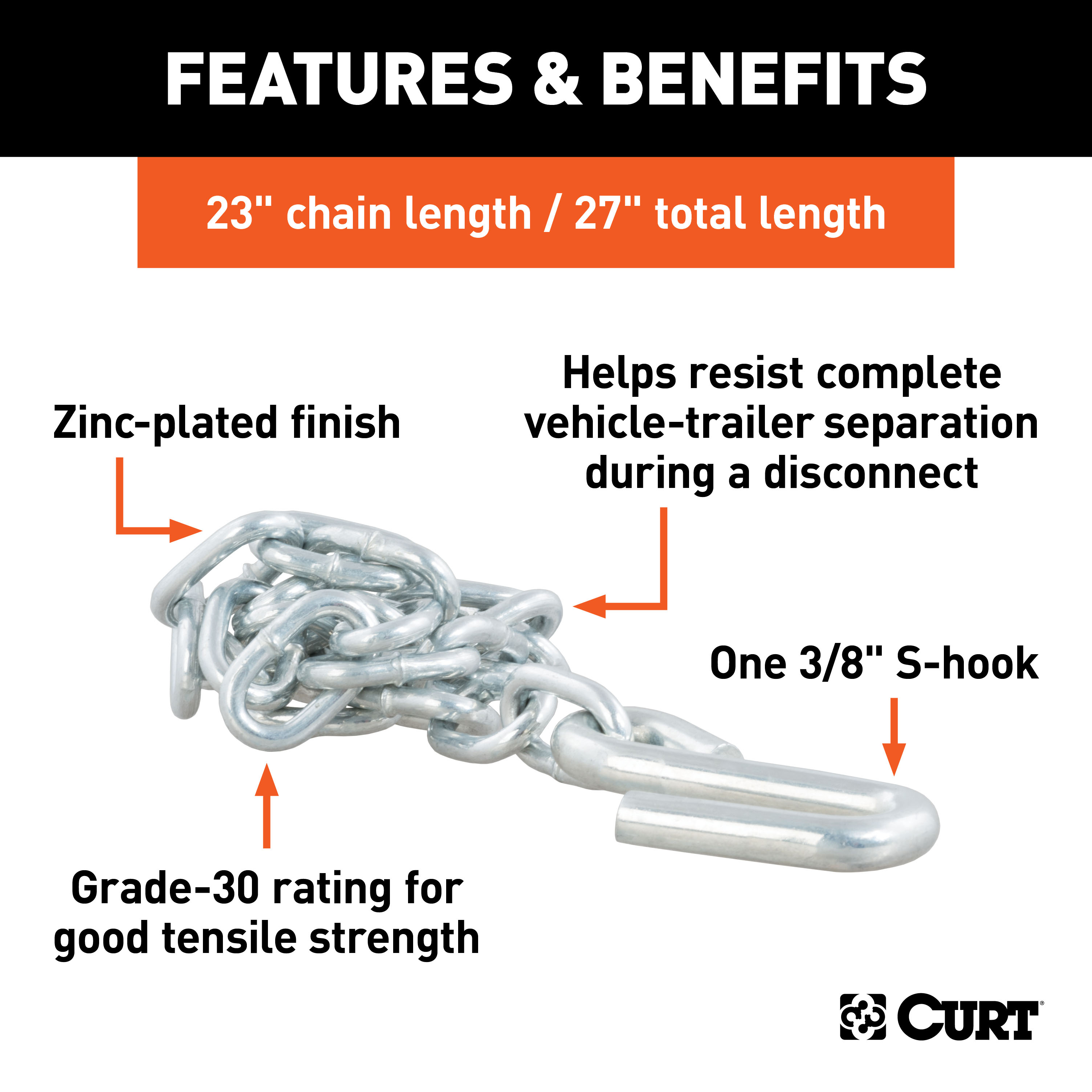 CURT 80020 27-Inch Trailer Safety Chain with 3/8-In S Hook, 2,000 lbs Break Strength thumbnail 3