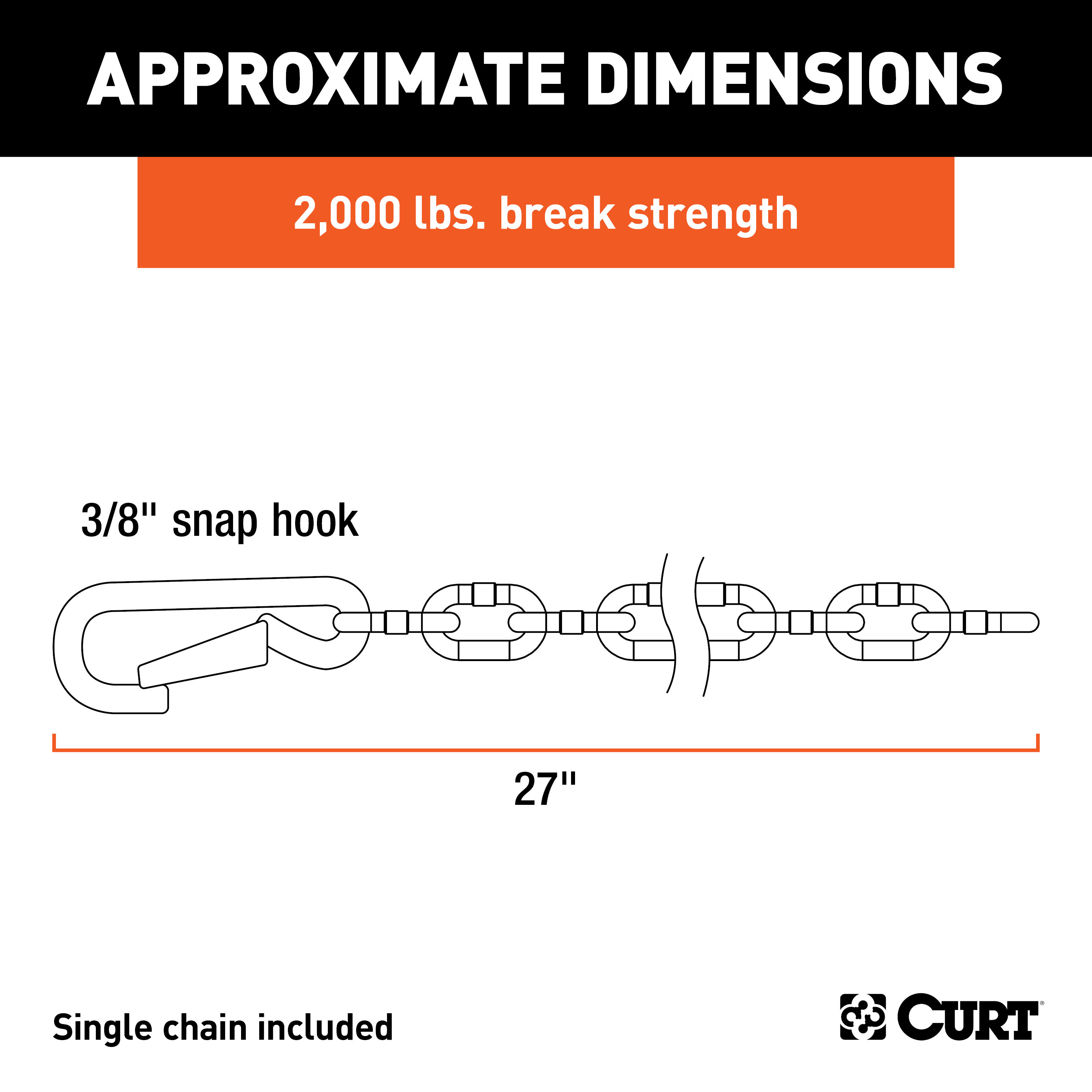 CURT 80312 27-Inch Trailer Safety Chain with 3/8-In Snap Hook, 2,000 lbs Break Strength thumbnail 2